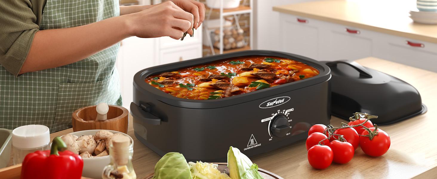Sunvivi Roaster Oven with Self-Basting Lid,Electric Roaster with Removable Pan & Rack,Chicken Roaster with Unique Defrost/Warm Function