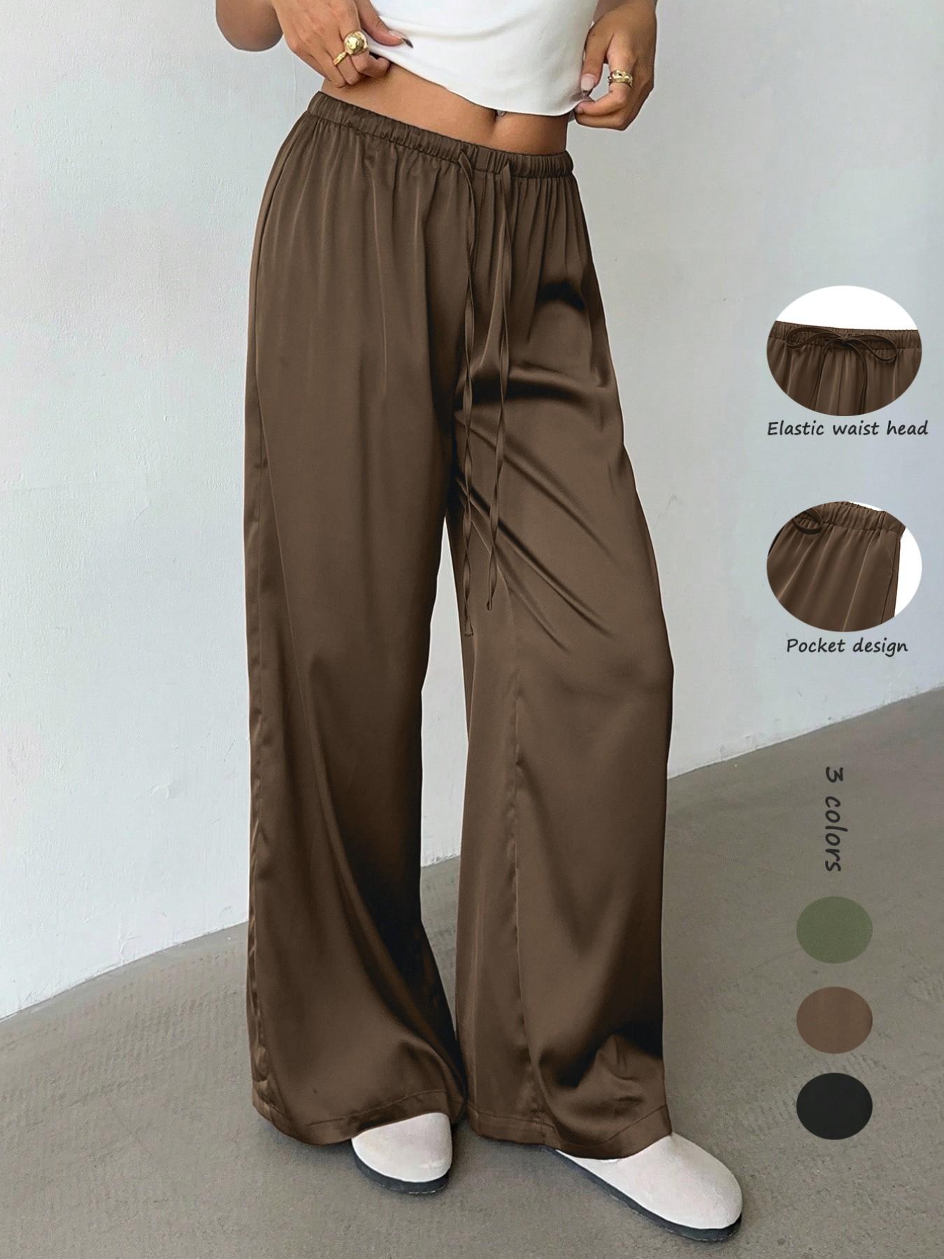 Women's Satin Casual Long Pants, Elastic Waist with Side Pockets, Wide Leg, Fashionable and Versatile, Perfect for Daily Wear, Travel, Vacation