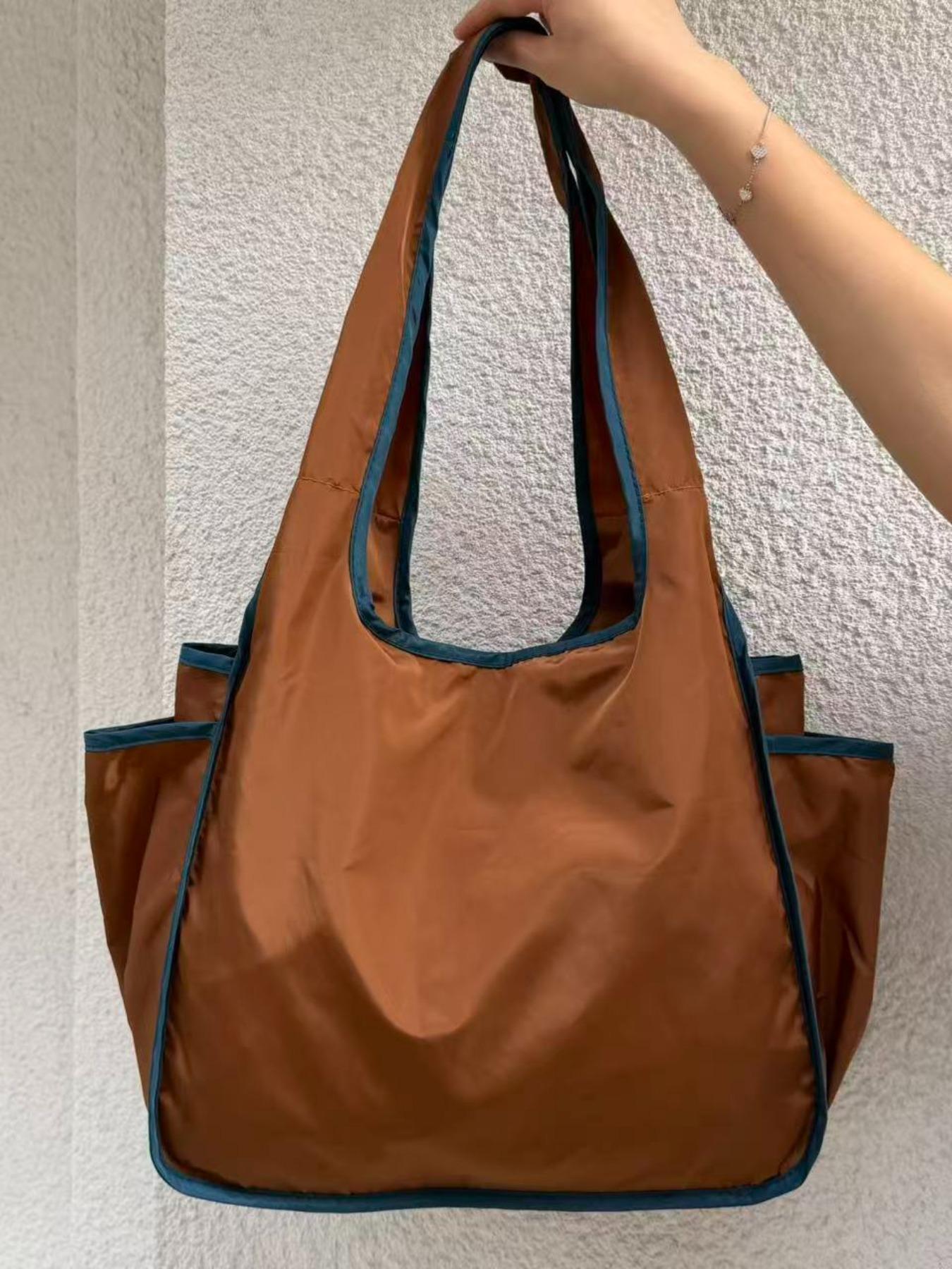 Foldable Nylon Tote Bag with Dual Pockets, Waterproof Soft Shoulder Bag for Women, Lightweight Shopping Bag, Large Capacity Daily Use, Multiple Colors Available