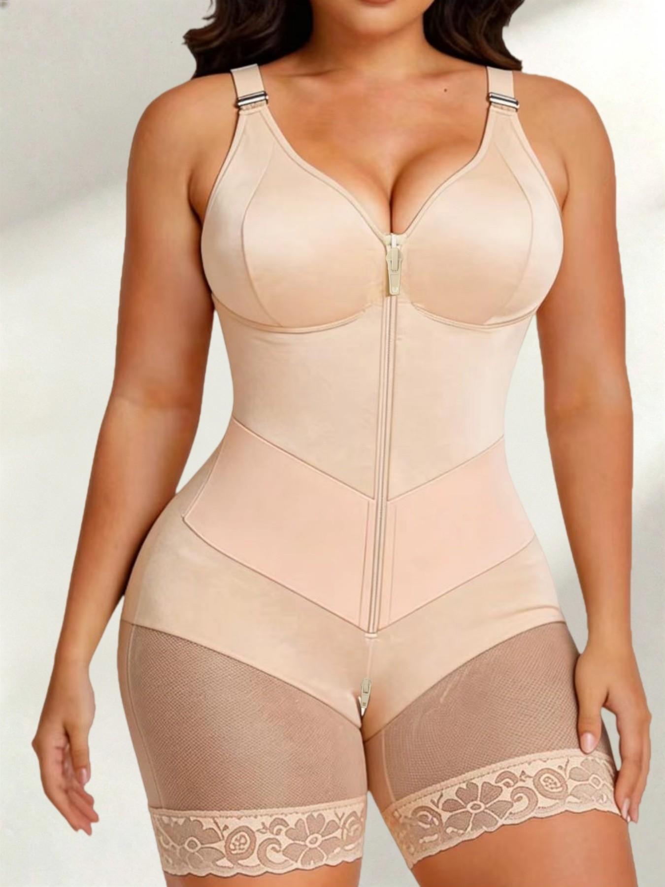 Women's Soft Breathable Full Body Colombian Underwear Shapewear Bodysuit, Zipper Closure Lace Trim Body Shaper with Adjustable Straps, Skin-Friendly V-Neck Shapewear for Special Occasions