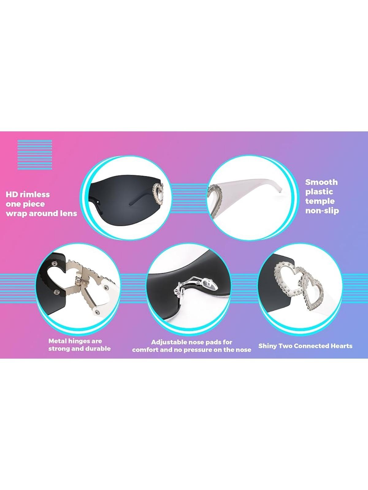 FEISEDY Rimless Y2K Sunglasses Heart for Women Men Fashion Futuristic Wrap Around Oversized Trendy Shield B2981