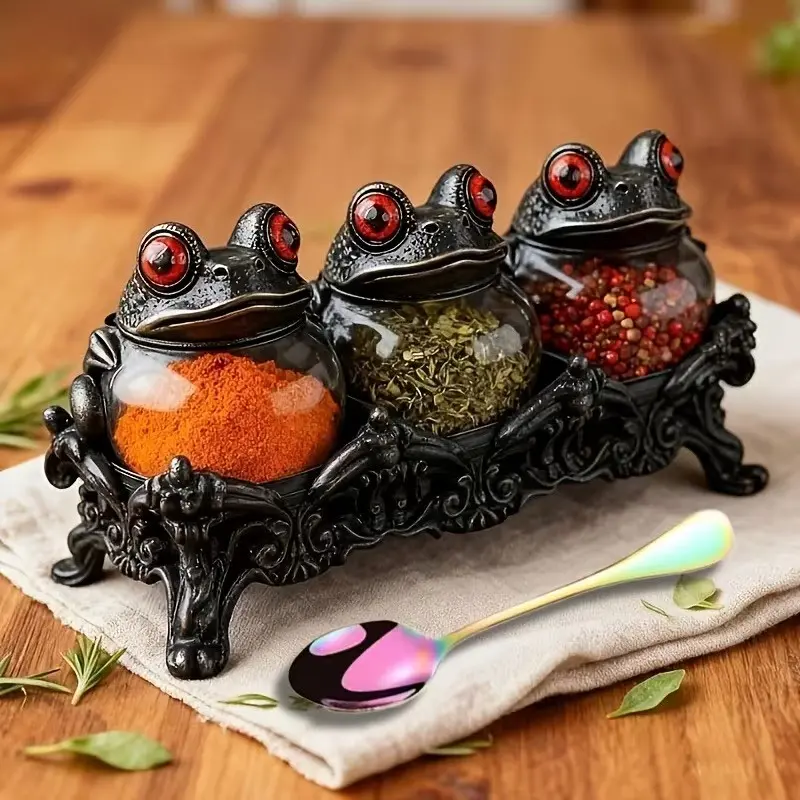 Gothic Witch Frog Spice Jars Set of 3, Carved Base with Spoon, Vintage Handmade Apothecary Jars, Perfect for Dark Theme Kitchen, Halloween Decor