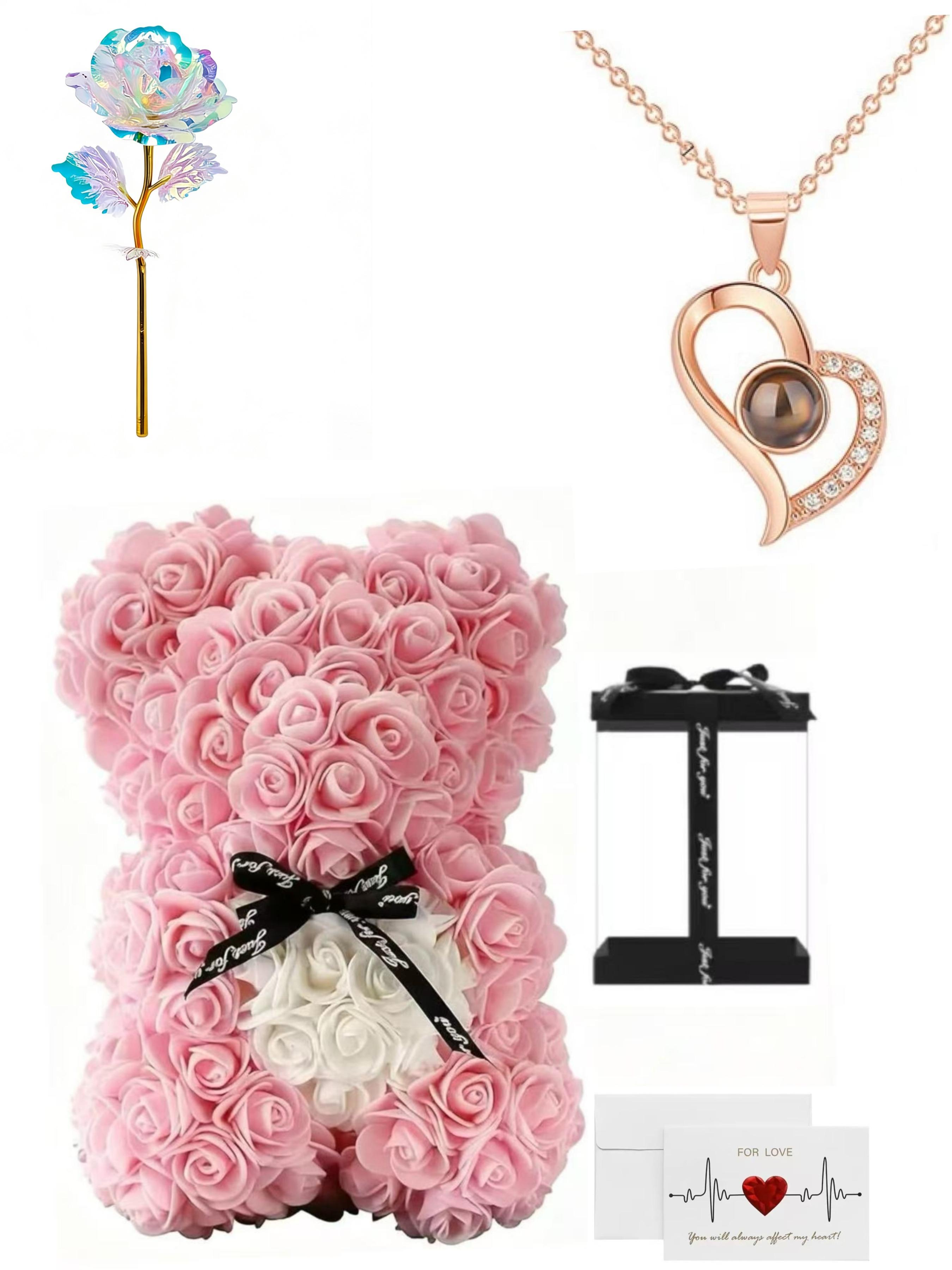 100 Languages 520 Necklace, Gold Foil Rose Flower Bear Gift, Mother's Day, Qixi Festival, Birthday Present for Mom, Girlfriend, Friend