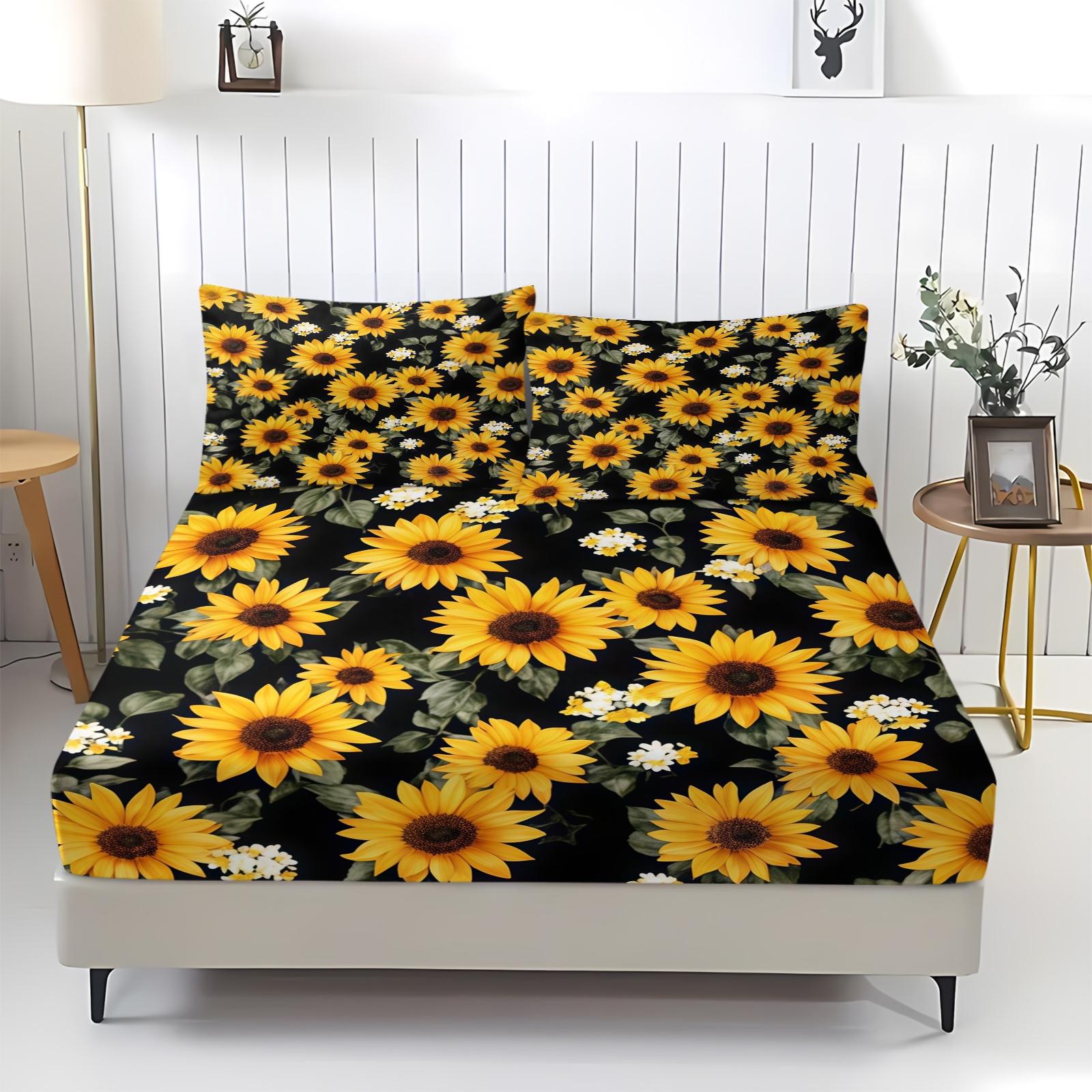 3 Piece Sunflower Pattern Fitted Sheet Set, Soft And Durable Bedding Set, Including 1 Piece Flat Sheet And 2 Pieces Pillowcases, Suitable For Children And Adults Daily Holiday Birthday Gifts Bedroom Decorations