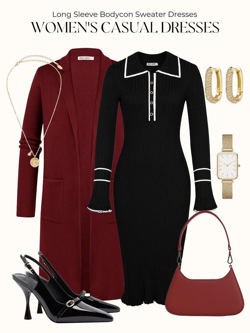 GRACE KARIN Women's Long Sleeve Sweater Dress Elegant Slim Fit V Neck Bodycon Pencil Knit Dress