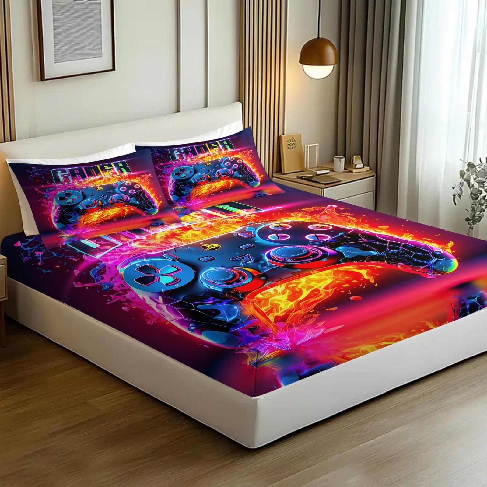 Futuristic, Modern Flair, Energetic Gaming Controller 3pcs Fitted Sheet Set, Flame Neon Effects, Dynamic Vibrant Digital Printed Bedding Set, Comfort Ultra-Fine Fiber Bed Cover, Stylish Energetic Home Decoration, Includes 2 Pillowcases, No Pillow Core
