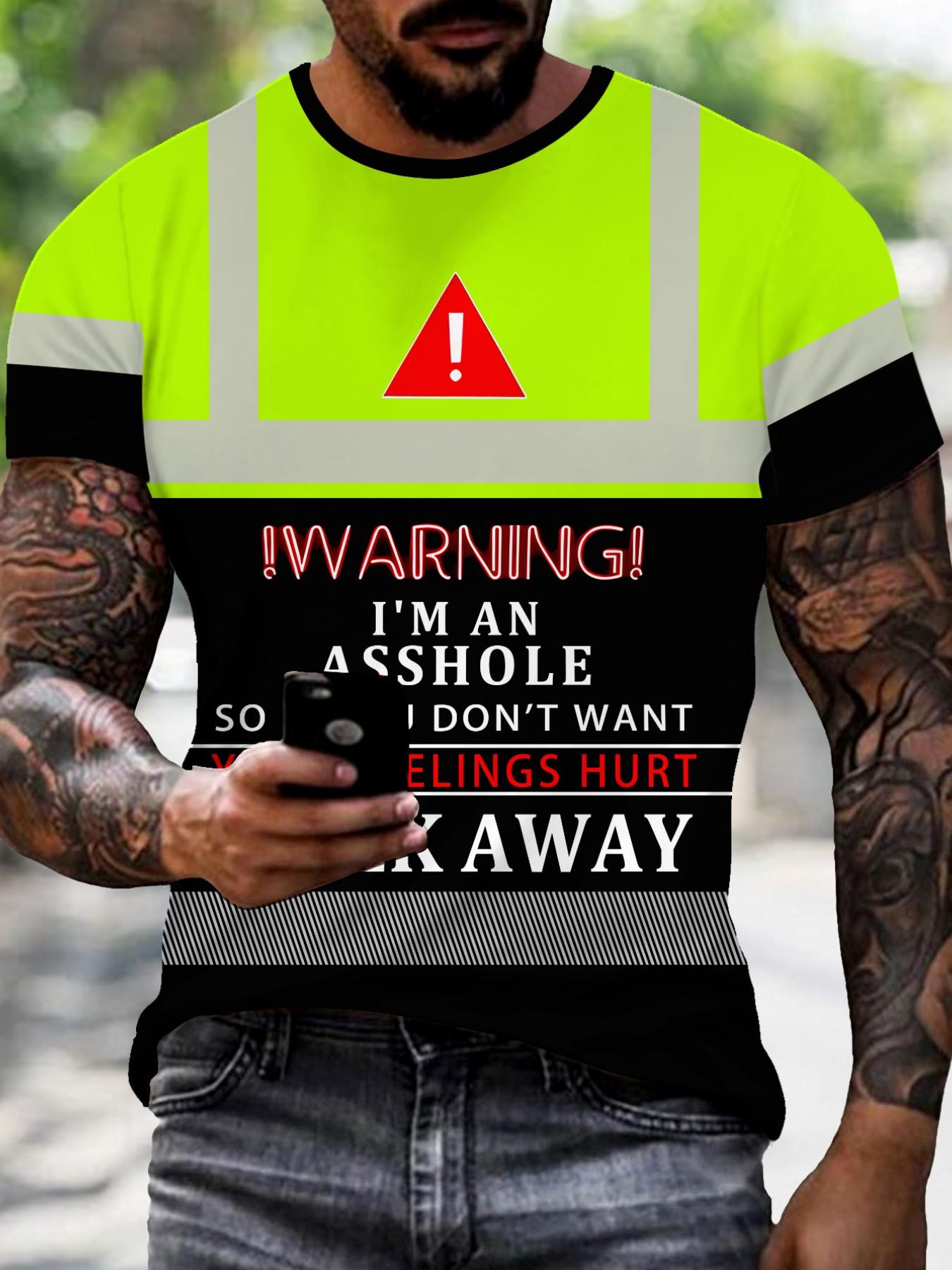 Men's Fluorescent Warning Reflective Stripe T-Shirt, Funny Workwear Style, Half Sleeve, Casual Fashion, Long Length