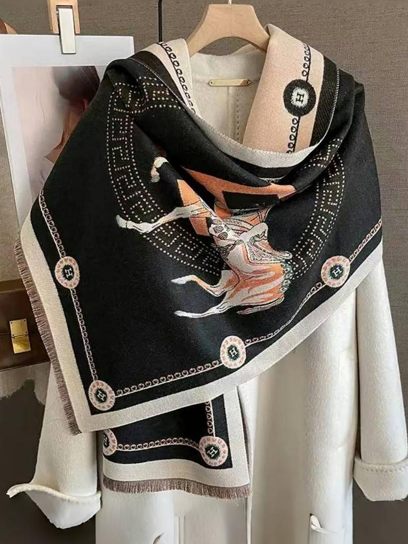 1 autumn and winter retro high-end checkered jacquard knitted warm and cold resistant scarf, cartoon animal horse design, thick warm and cold resistant, unisex, fashionable daily accessory, perfect holiday gift