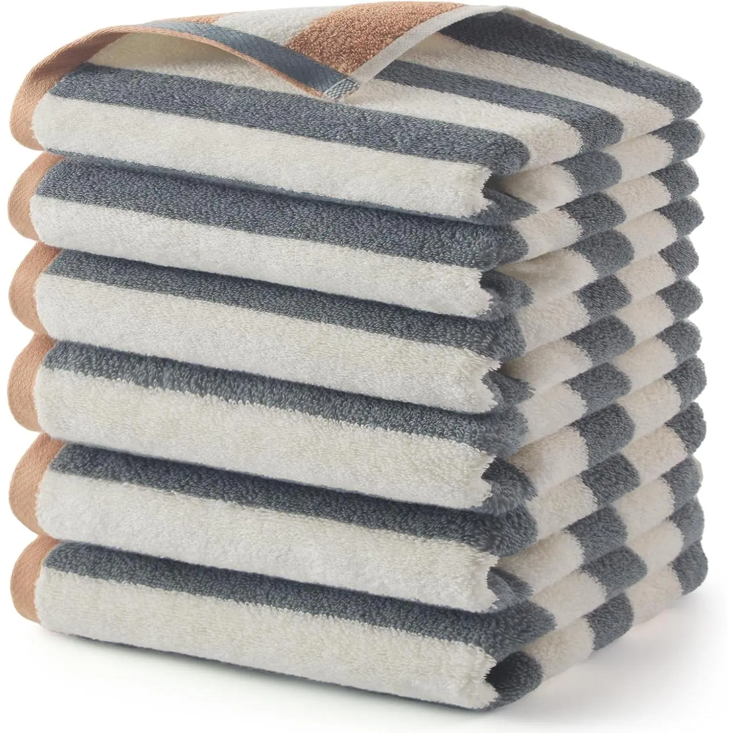 Striped Cotton Washcloths 6 Pack, 13 x 13 Inches, Super Soft and Highly Absorbent Wash Cloths for Bathroom, Kitchen, Face, Grey
