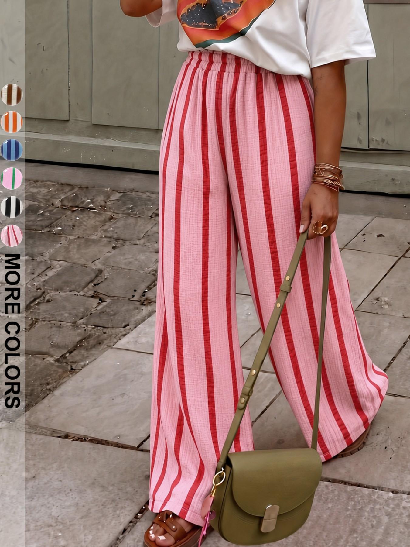 Women's Summer Long Pants Trouser, Breathable Striped Wide Leg, Multiple Colors Available, Elegant Loose-Fitting Style