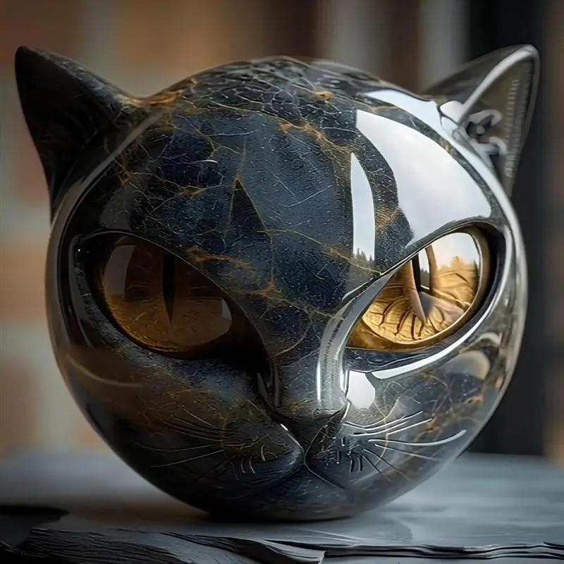 Cat Stone Sculpture Figurine, Handcrafted Marble-Look Resin Statue Decorations, Amber Eyes, Elegant Shelf Decor for Home or Office