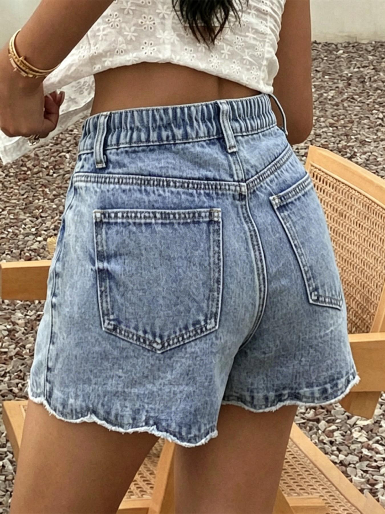 New Summer Women's Wavy Hem Light Wash Light Blue Denim Shorts, High Waist Design for Longer Look, Casual Sweet Summer Everyday Style, Casual Fashionable Shorts