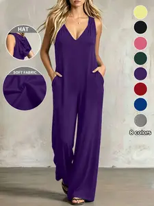 Plus Size Women's V-Neck One-Piece, 8 Colors Available with Pockets, Casual Shoulder Strap, Ideal for Daily Wear and Home Comfort