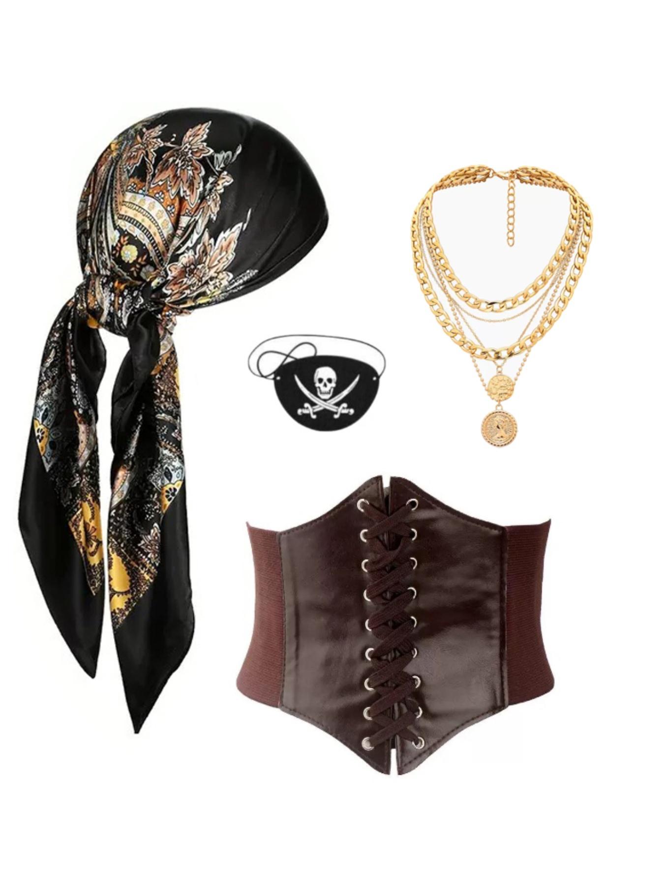 4-Piece Women's Pirate Costume Set, Halloween Party, Christmas Pirate Dress, Role Play Accessories, Headband Belt Necklace Goggles