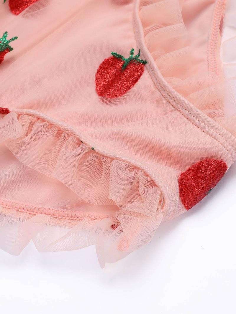 Retro Stage 1950s Pink Strawberry Appliqué Sleeveless High-Waisted Mesh Swimsuit Set with Ruffle Details Perfect Floral Bikini Color Block Bikini