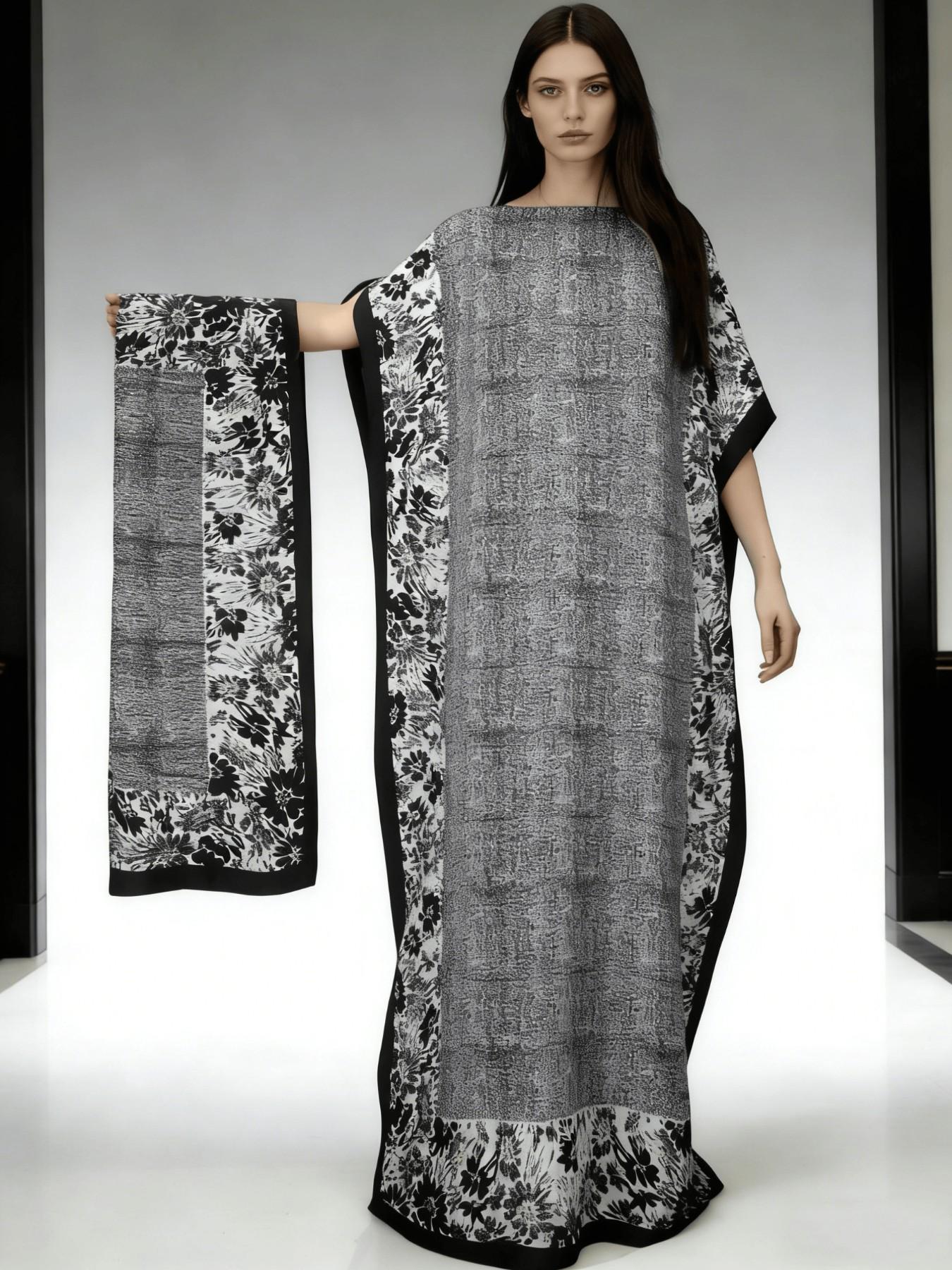 1dress+1scarf Viral Camel Tie-Dye Print Satin Kaftan Maxi Dress with Matching Scarf – Silky Loose Fit, Plus Size Friendly, Luxury Loungewear, Beach Cover Up & Evening Party Wear, Must-Have Resort Fashion Piece