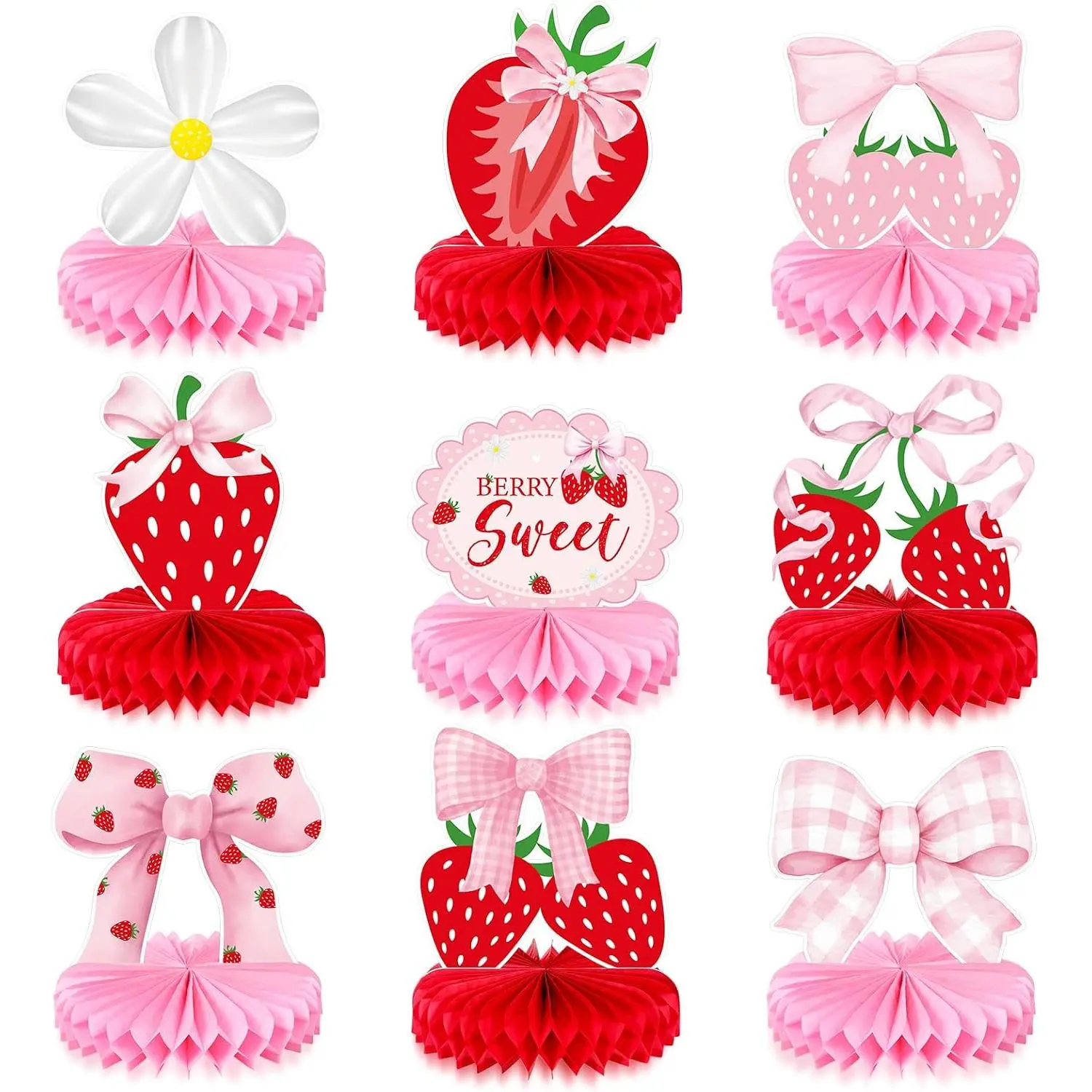 9 Pcs Strawberry Table Decorations Red Strawberry Pink Bow Daisy Table Centerpieces 3D Honeycomb Desk Decor for Strawberries Baby Shower Birthday Party Favors Supplies