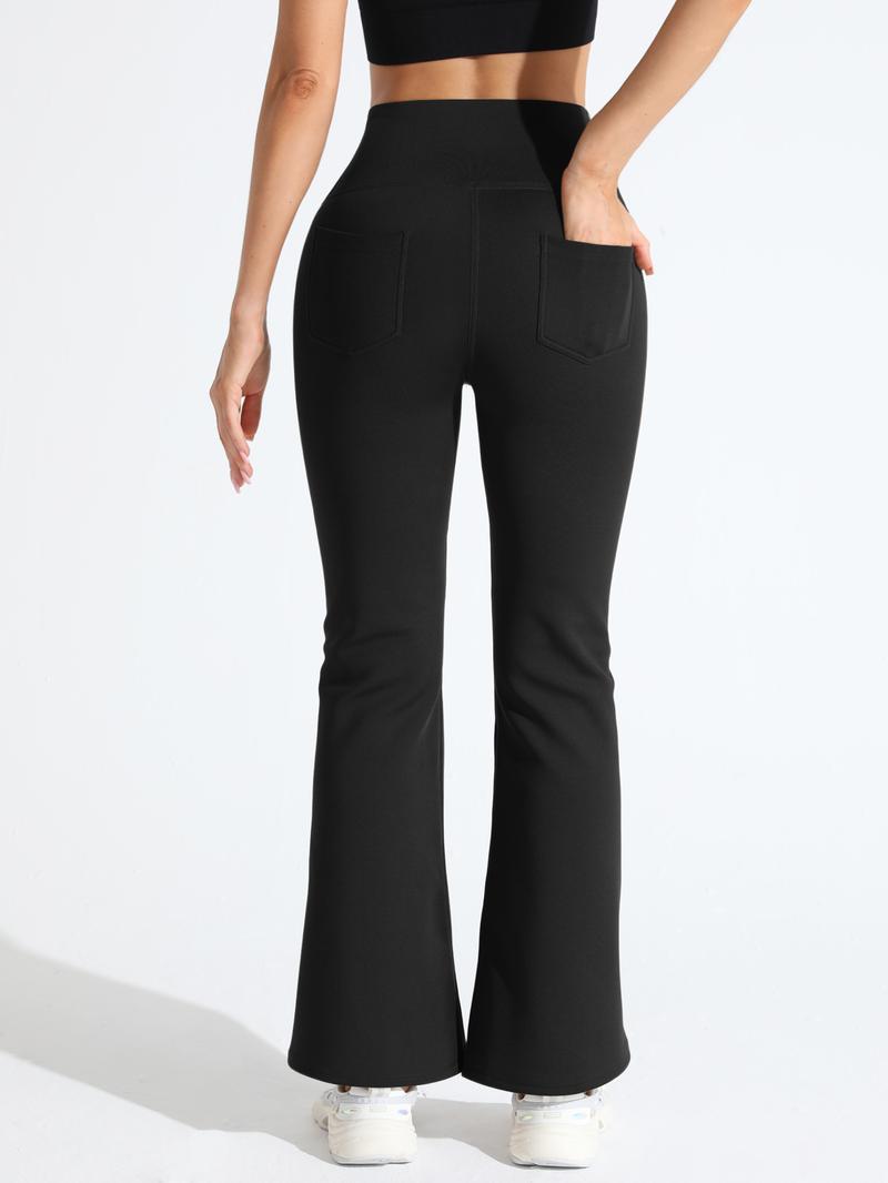Women's Solid Color High Waist Sports Flare Leg Leggings, Casual Comfy Pocket Design Bell Bottom Trousers for Yoga Gym Workout Running, Ladies Sportswear for Fall & Winter