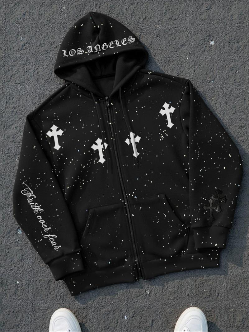 Men's Fall Winter Zip Hooded Jacket, Starry Dye Pullover, Vintage Street Art Style, Casual Long Sleeve Hoodie,  Thick Soft Fabric, Mens Top For Daily Wear