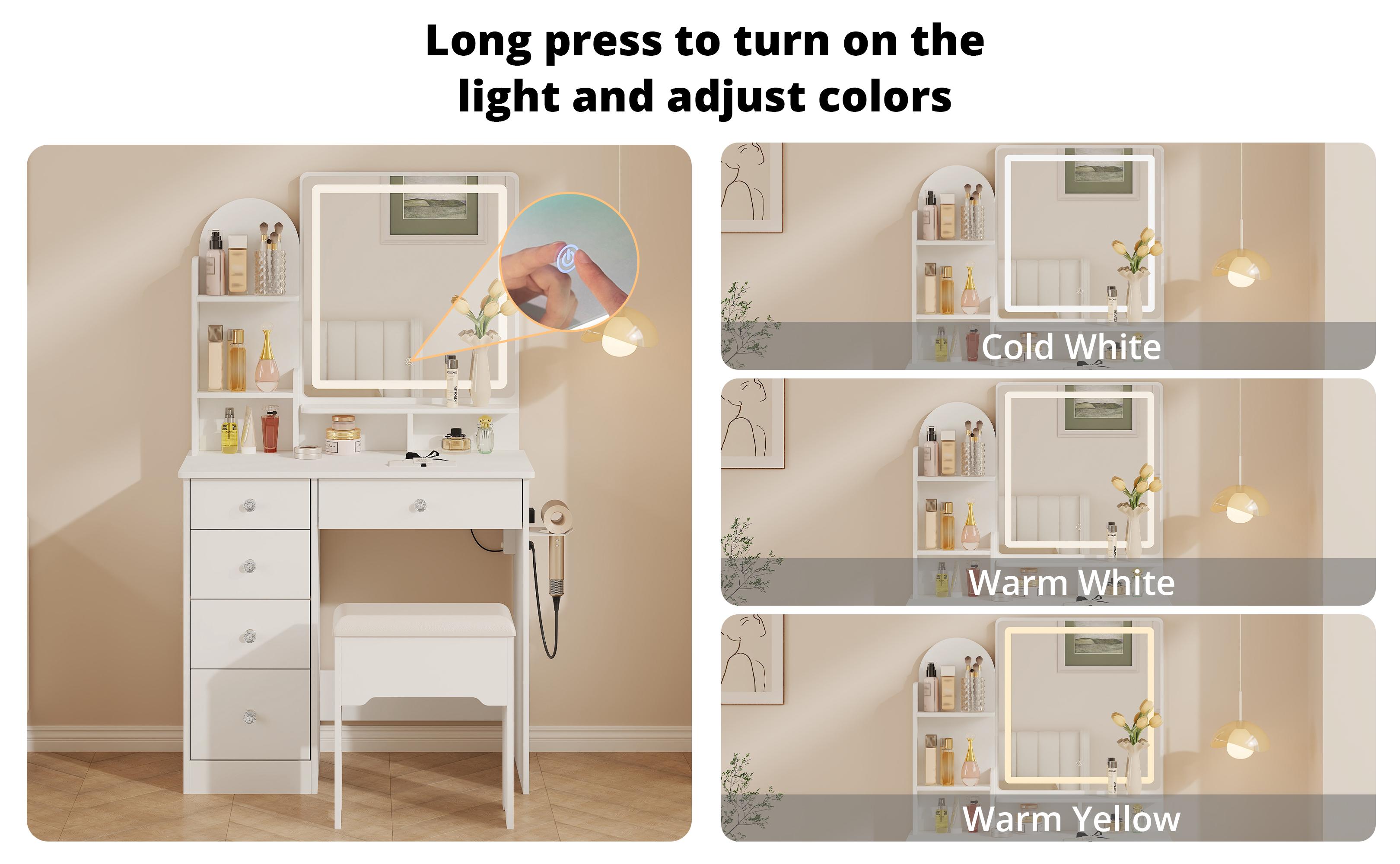 LIKIMIO Vanity Desk with Mirror & LED Light, Makeup Vanity Table with 5 Drawers, Power Outlet, and Vanity Stool, 3 Lighting Colors, Dressing Table for Bedroom