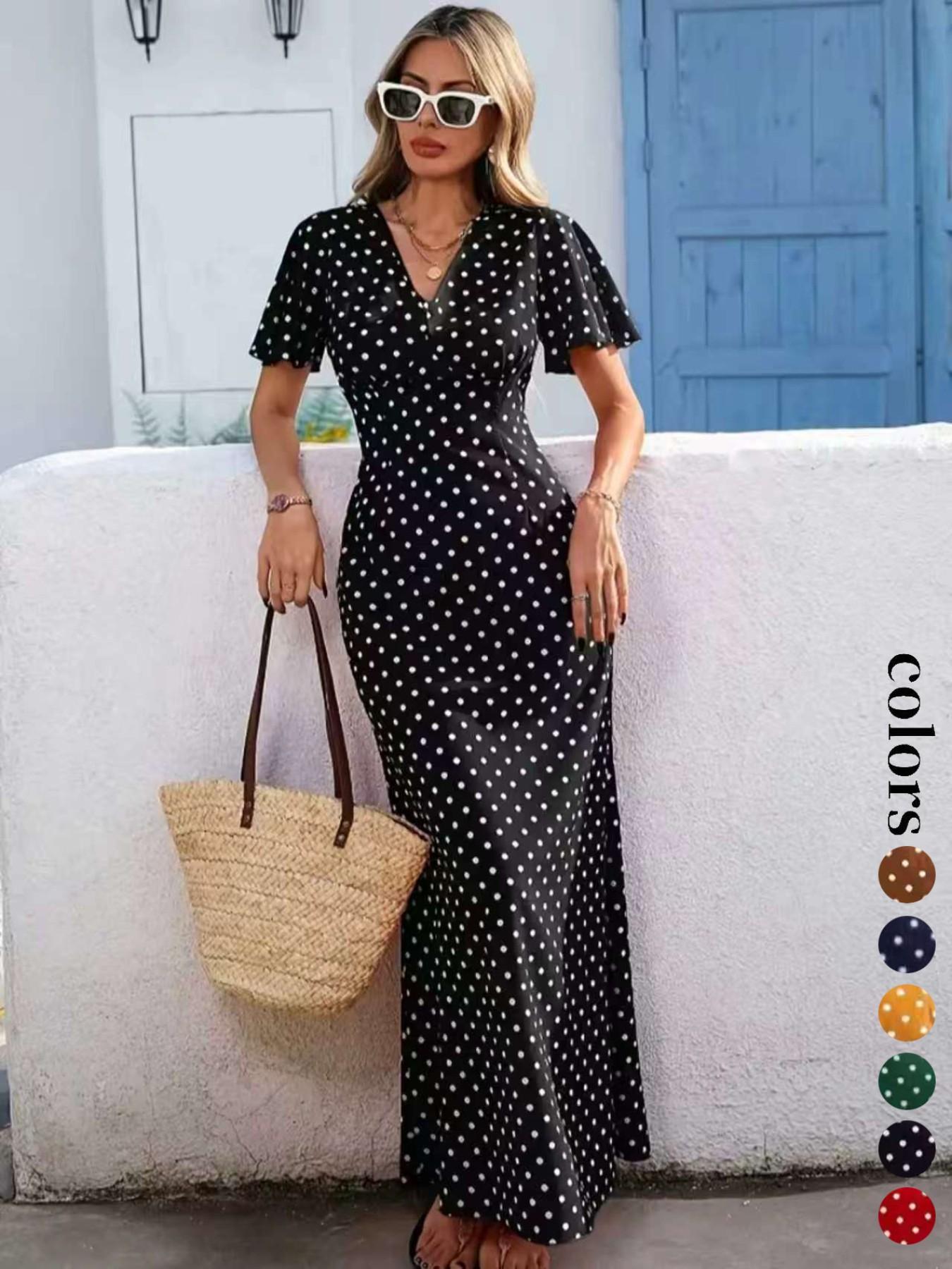 Women's Bohemian Polka Dot Pattern V-Neck Short Sleeve Long Dress for Vacation, Casual Fashion New European and American Style