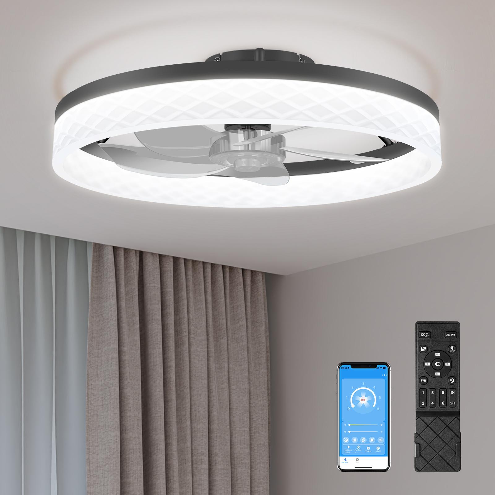 HYPERLITE Ceiling Fans with Lights - 19.7 Inch Flush Mount Ceiling Fan with Remote, 6 Wind Speeds, Reversible DC Motor, Dimmable LED Light with 3 CCT, Modern Ceiling Fan for Bedroom, Kitchen, Black，White，Adjustable Rgb Lighting，Jumpstart newyear
