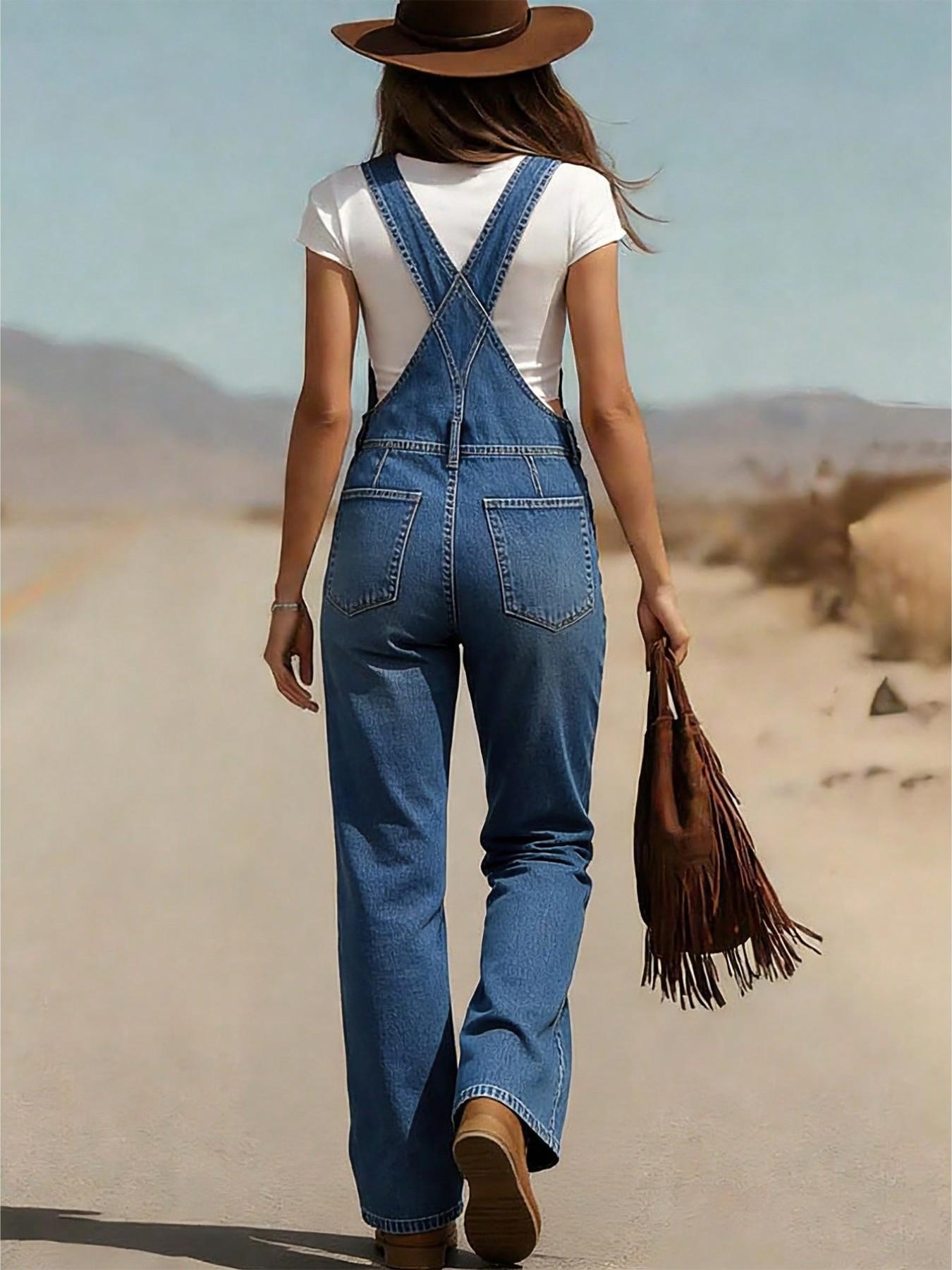 Women's Denim Cotton Jumpsuit Overalls with Adjustable Straps, Pocketed High-Waist Sleeveless Design, Vintage Street Style for All Seasons
