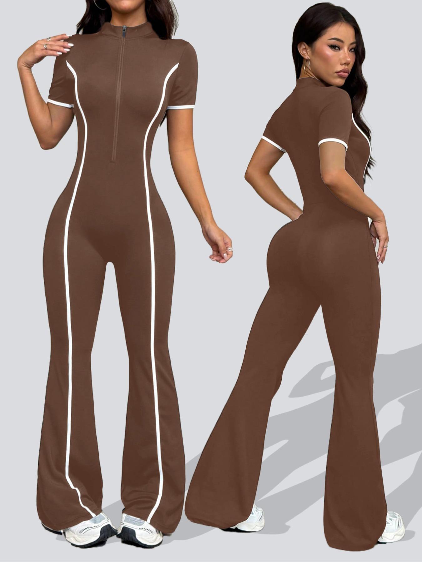 Women's Colorblock Zipper Knit Yoga Sporty Comfy Jumpsuit, Long Sleeve Casual Fashion, Slim-Fitting Below Ankle Pants for All Seasons