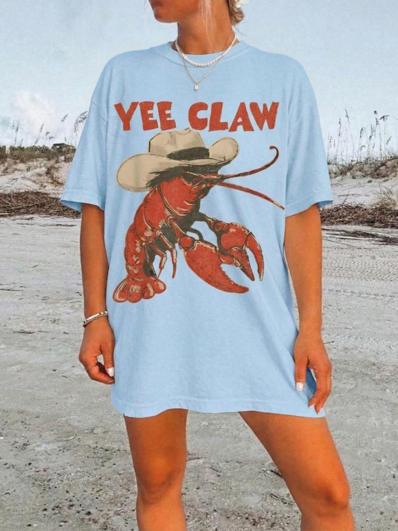 Cowboy Crawfish Vintage Oversized Graphic T-Shirt Beachwear Summer Vacation Western Style Funny Lobster Tee Casual Streetwear Coastal Aesthetic Soft Trendy Outfit Women Holiday Fashion Cute Graphic Tee Comfortable Loose Fit Summer Top Beach Outfit Street