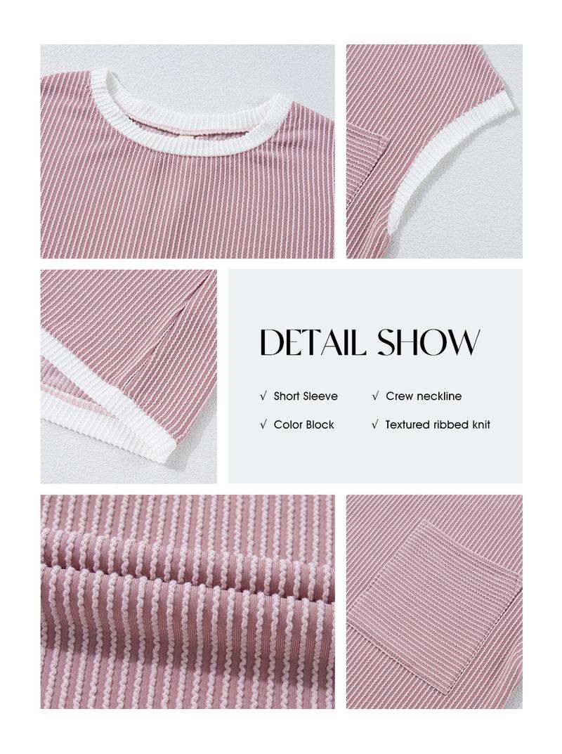 EVALESS Women's Casual T Shirts Crewneck Short Sleeve Color Block Ribbed Knitwear Slim Fitted Blouses Tops 2026 Trendy Minimalist Womenswear Summer Springtok Outfits