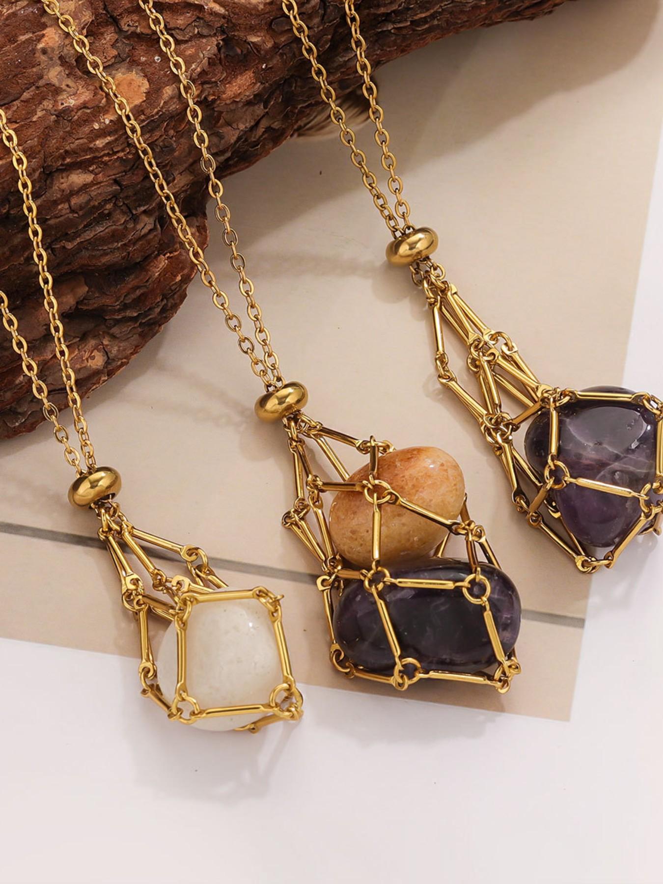 Stainless Steel Mesh Cage Necklace with Gemstone Inlay, Adjustable Pocket Pendant Jewelry, Chain Link Necklace, 1 Piece Pack, Elegant Accessory, Single Gem Necklace