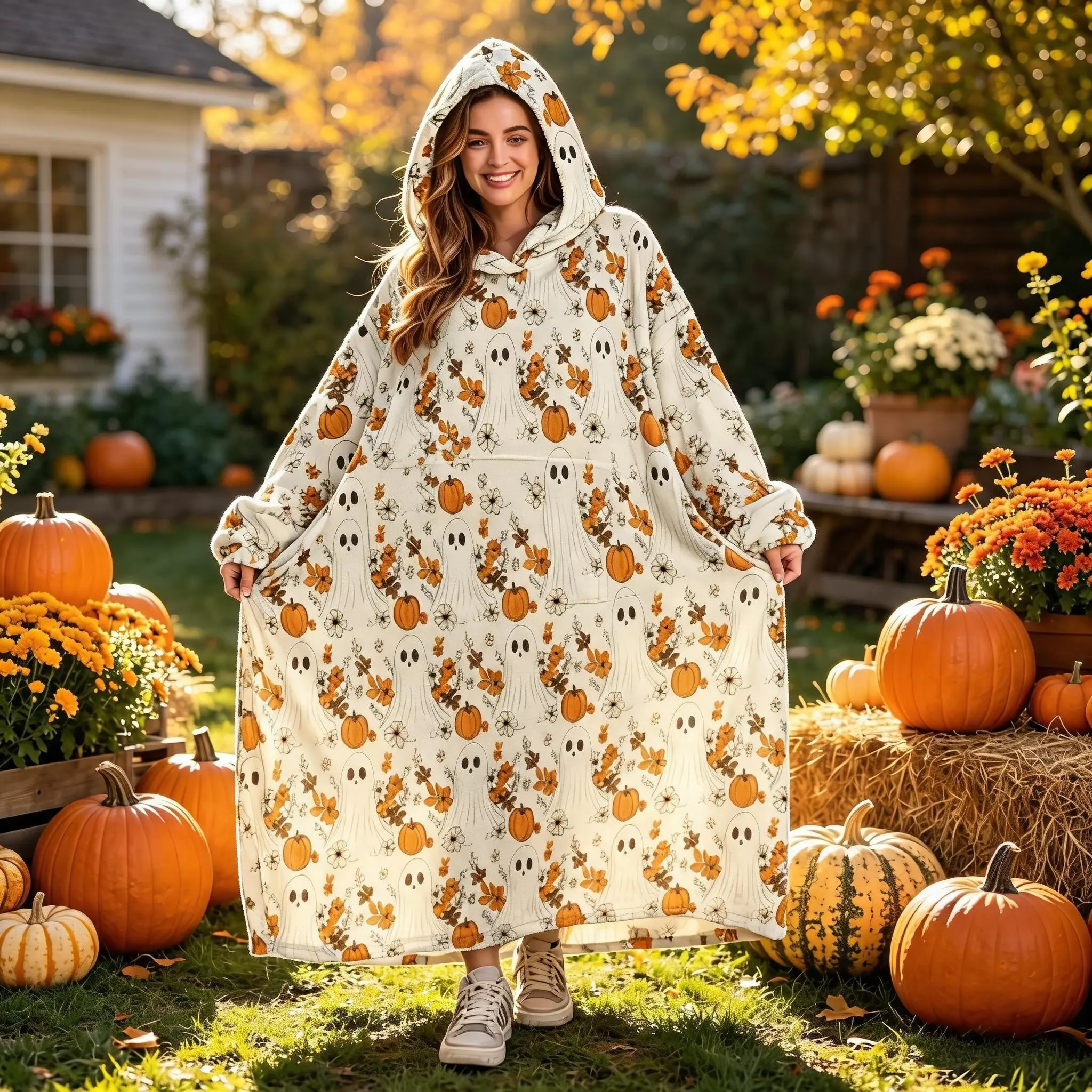 1pc Flannel Hooded Wearable Blanket, Vintage Floral Ghost Pumpkin Print, Large Pocket Lazy Blanket, Halloween Gift, Outdoor Leisure Rug