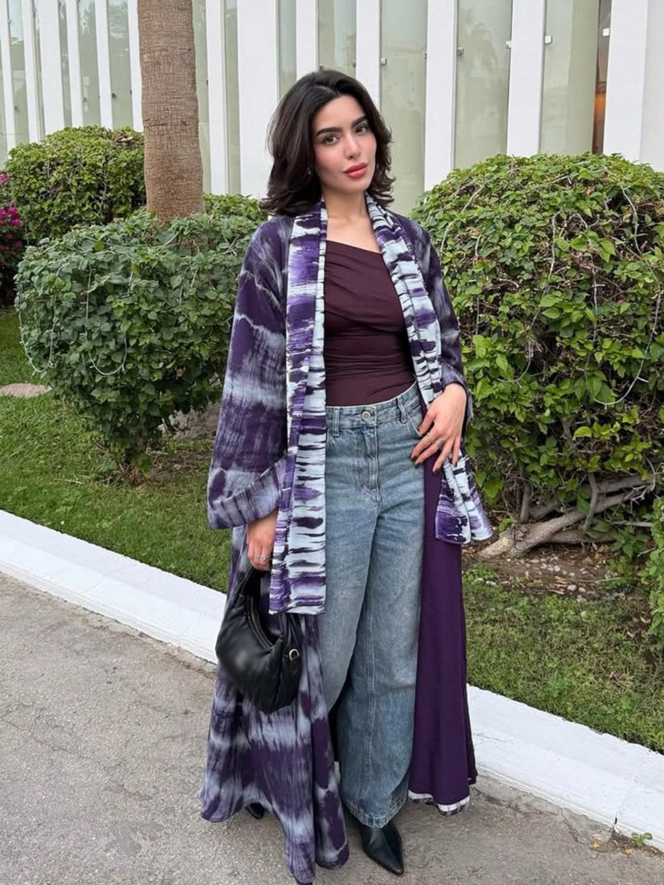 Hafizah Tie-Dye Colorblock Long Cardigan Matching Scarf Set, Loose-Fitting Oversized All-Over Print Outerwear, Casual Women's Fashion for All Seasons