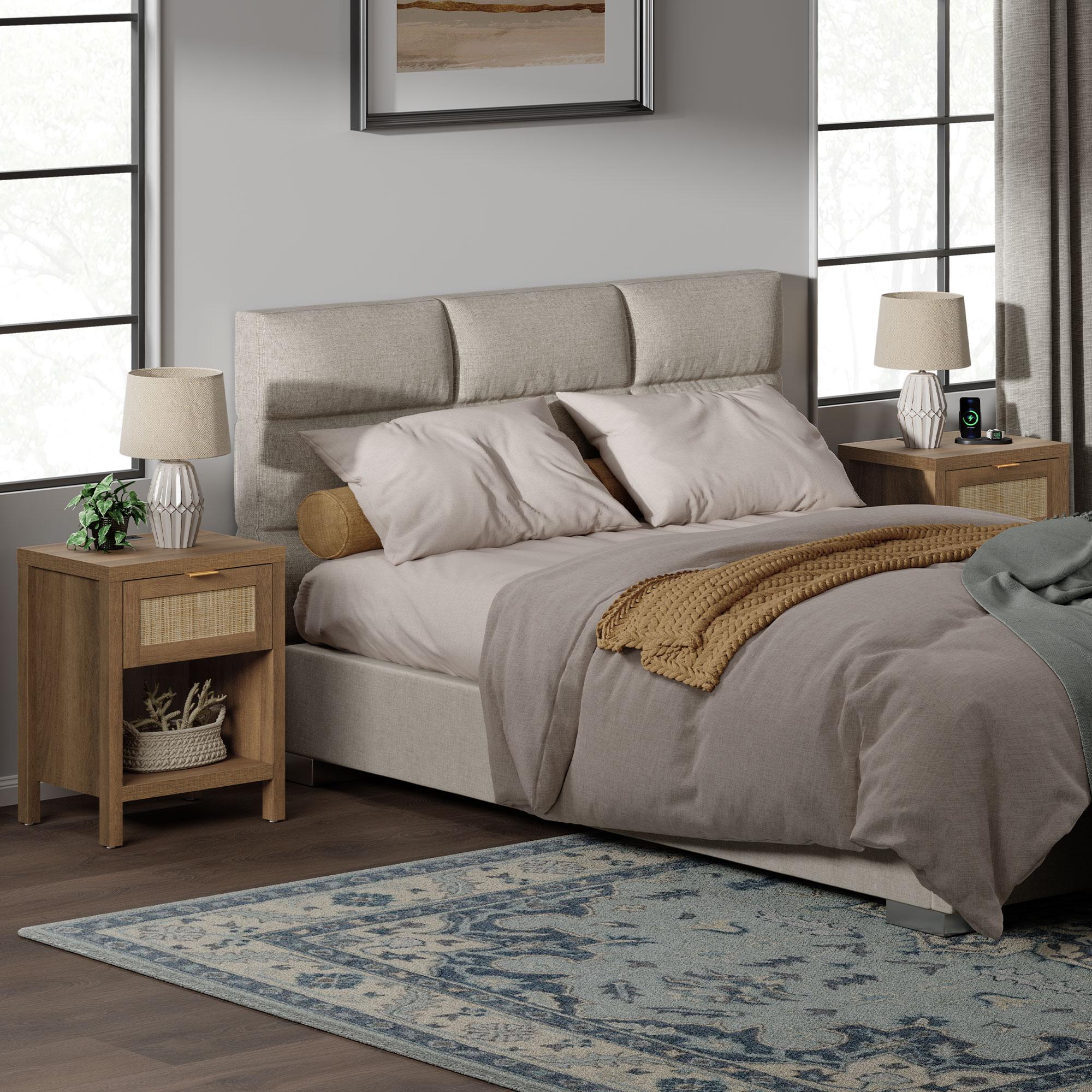 SICOTAS Rattan Nightstand Set of 2, 15"x 19.7"x 25.2" Size Farmhouse Night Stands with Charging Station Bedside Table with Drawer, Boho Bed Side End Table with USB and Type-C Ports for Small Space Bedroom Living Room, Easy Charging