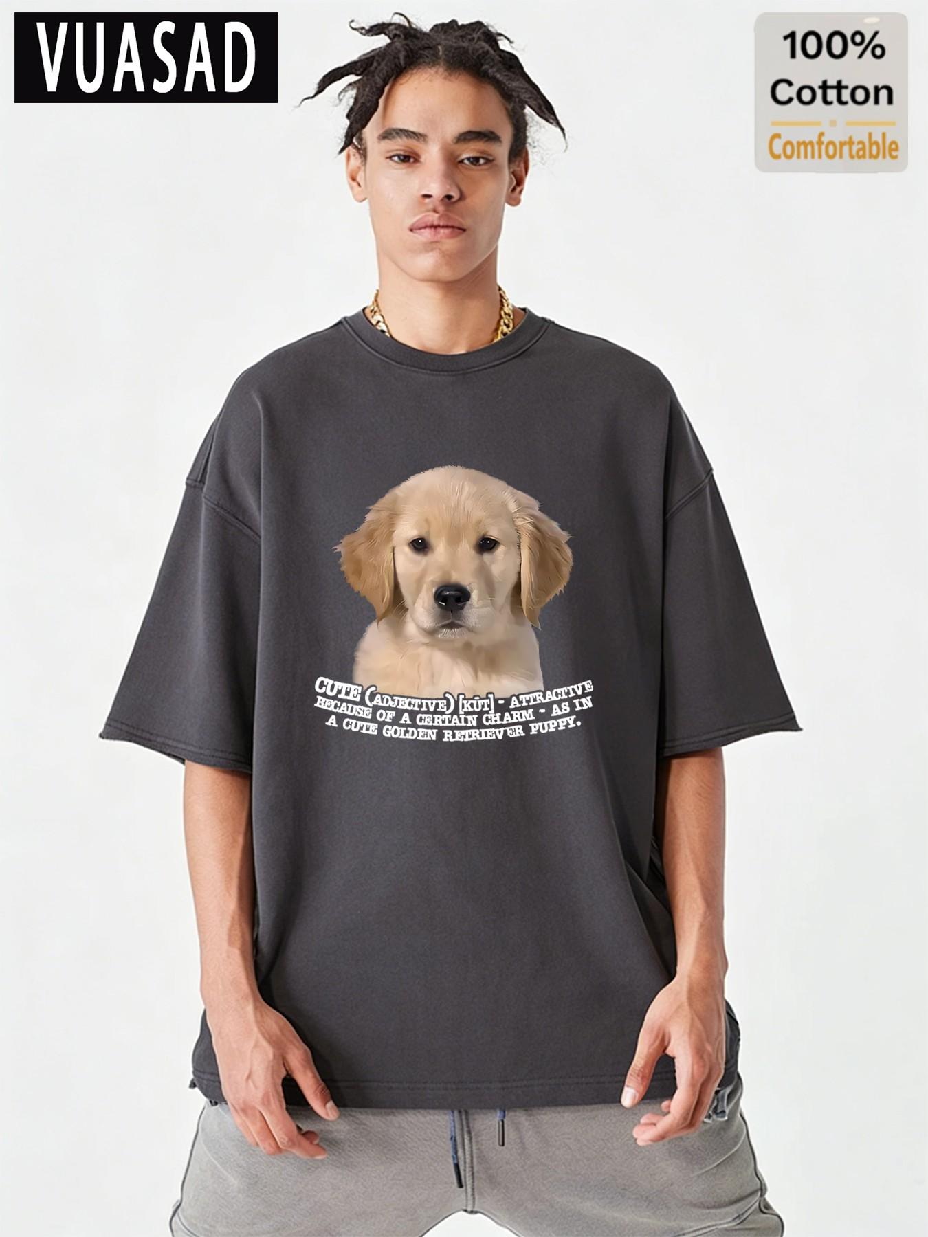 Adorable Golden Retriever Puppy Print Short Sleeve T-Shirt, Men's Loose-Fit Drop Shoulder Cotton Top, Casual Fashion Long Tee