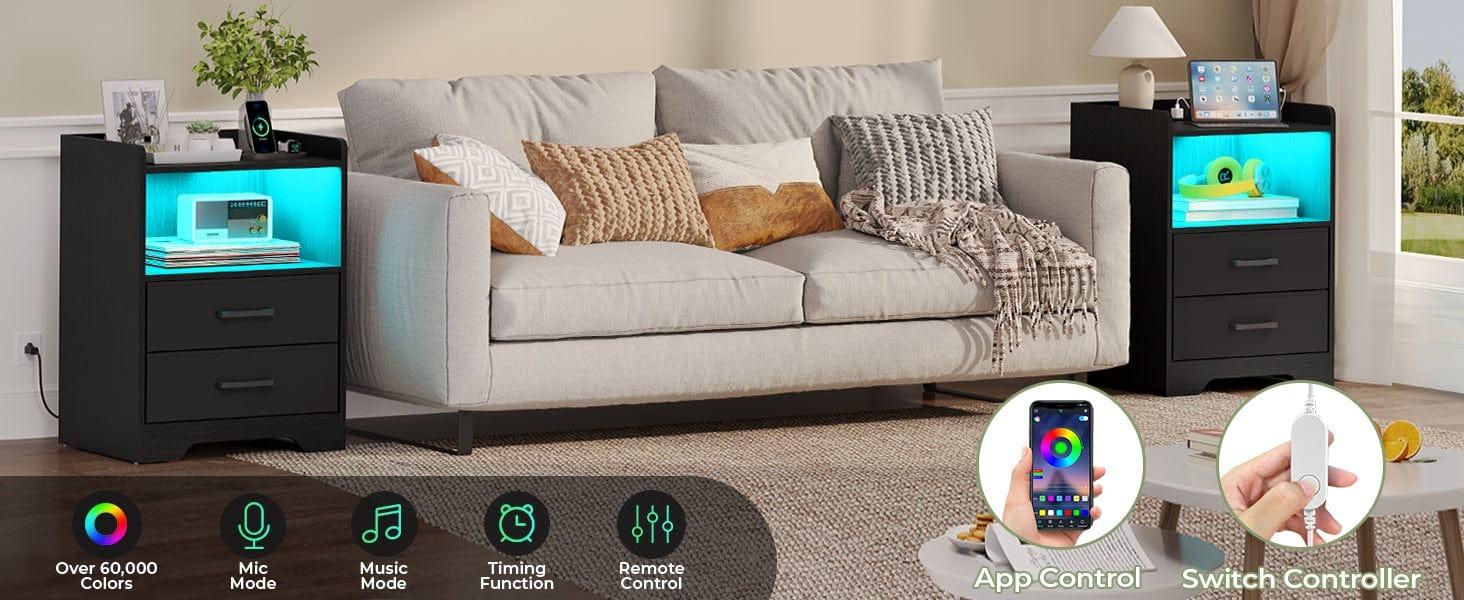 Sikaic 2PCS LED Nightstands with Charging Station and Storage Drawers Black Furniture Bedroom Table Organize Modern Design Bedside Lighted Vanity Desk