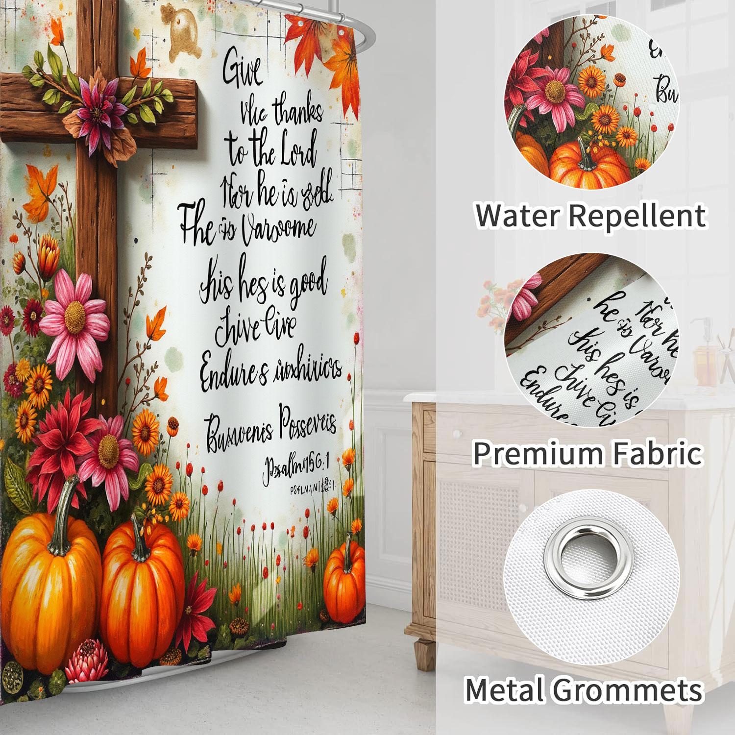 1/3/4PCS Thanksgiving Rustic Cross Flowers Pumpkins Shower Curtain Set with Rugs, Non Slip Bath Mat, U-Shape Carpet, Toilet Lid Cover, Polyester Fabric Bathtub Curtain Accessories, 12 Hooks, Home Bathroom Festival Decor