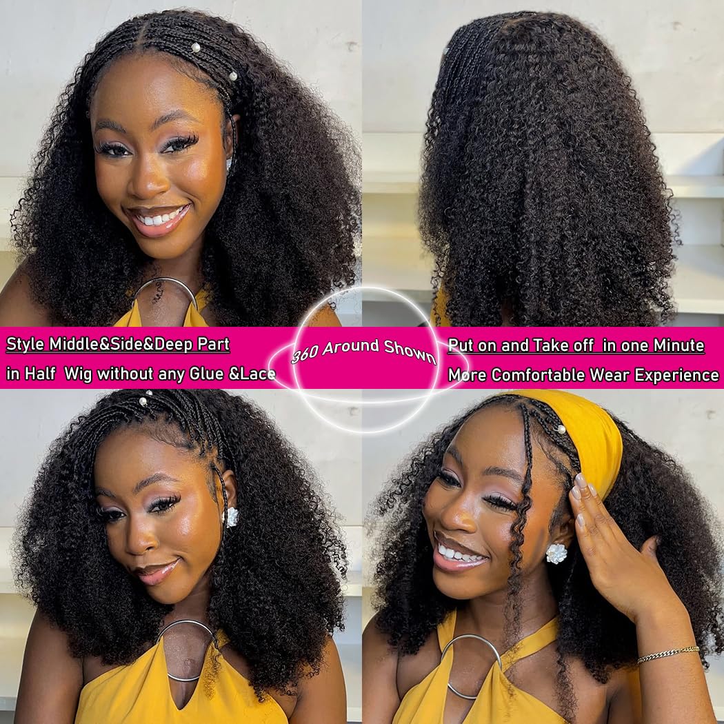 【Half Wig】Bling Hair Kinky Curly Half Wig Human Hair Seamless Kinky Curly 3 In 1 Half Wig Flip Over Beginner Friendly Glueless Wear and Go Drawstring Heandband Clip in Wig No Sew In Black Color 12-32 Inch