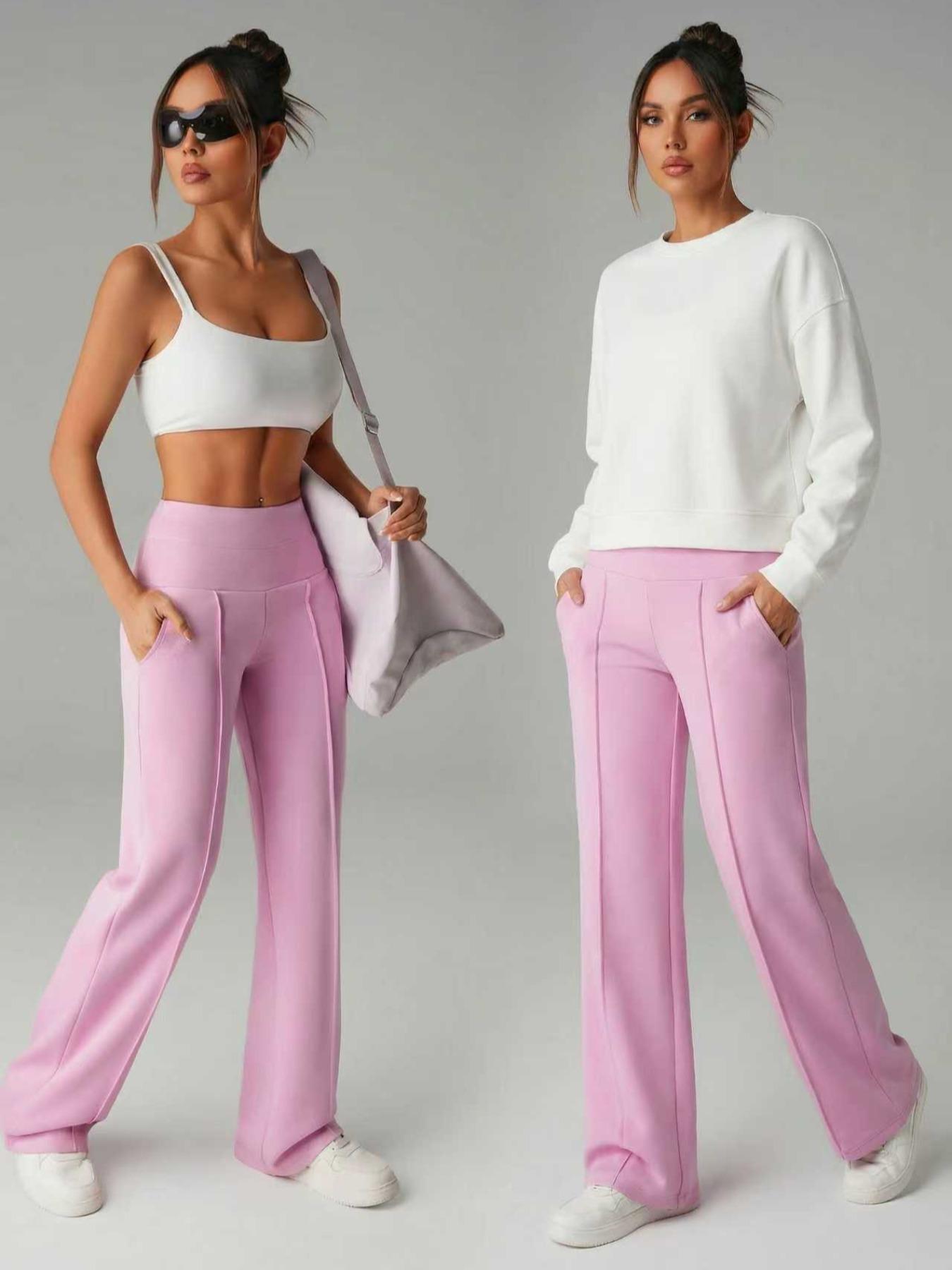 Women's Soft Knit Sporty Sweatpants, High Waist Wide Leg Running Pants with Pockets, Comfortable Fashion Style for Outdoor and Casual Sports, Elastic Waist Activewear