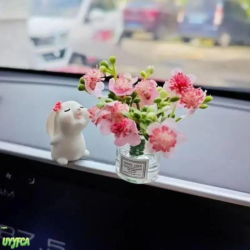 Car Dashboard Ornament Set, 2-Piece Coquette Kissing Bunny & Pink Floral Vase, Resin & Glass Interior Accent for Cars, Aesthetic Desk Decor Gift for Women, Ornaments, Artificial Flowers, Dashboard Decor, Thoughtful Gift, Dainty, Cute Pair, Car Dashboard D