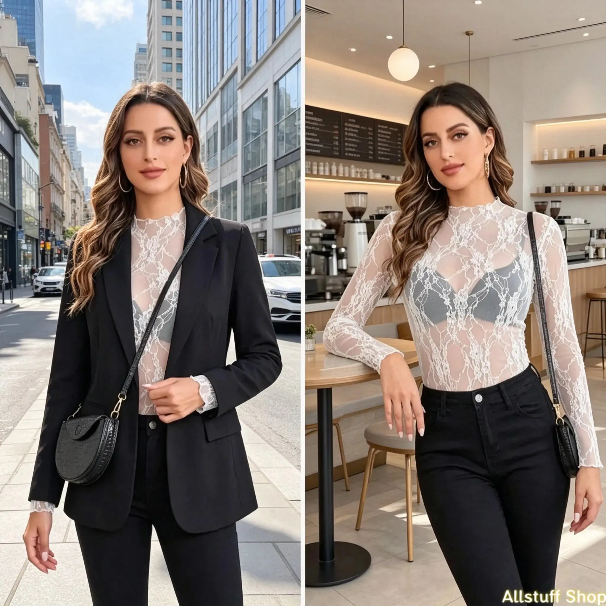 Women's 5-Pack 2026 New Elegant Mesh Lace Floral Long-Sleeve Tight-Fit Blouses, Soft Breathable Stretchy Lightweight Lace Undershirt, US-Designed Sports & Outdoor Daily Layering Essential, Spring-Autumn Gift