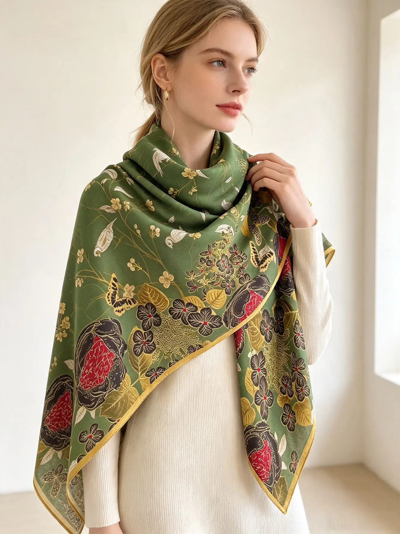 130cm Double-Sided Velvet Scarf, Vintage Blue Floral Bird Print, Luxurious Shawl Wrap, Warm Thick Blanket, Elegant Travel Throw
