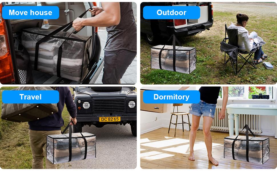 4-Packs Large Moving Bags, Waterproof with Handles & Zippers Bags for Clothes Packing, Dorms, College Supplies, Saving, Clear