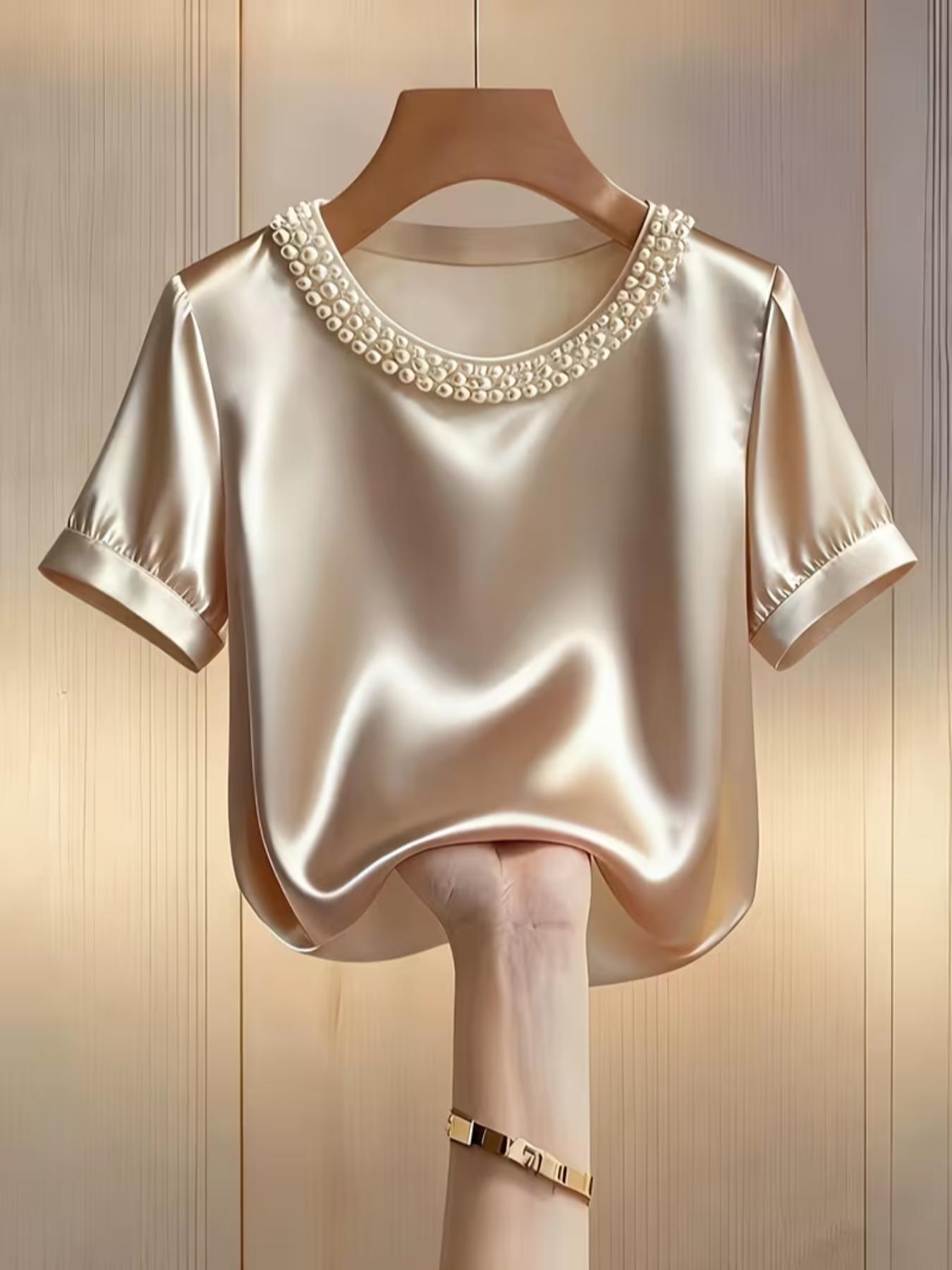 Women's Fashion Pearl Round Neck Solid Color Short Sleeve Fitted T-Shirt Top, Casual Summer Wear, Stylish Ladies' Clothing