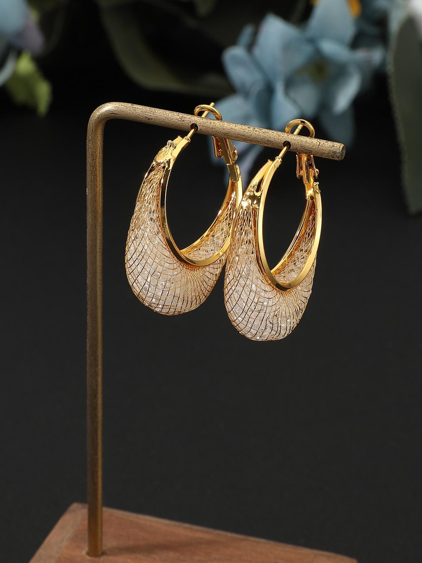 Vintage Braided Mesh Full Rhinestone Large Circle Earrings, 18k Gold Plated Luxury French Accessories, Boho Style Titanium Alloy Chain