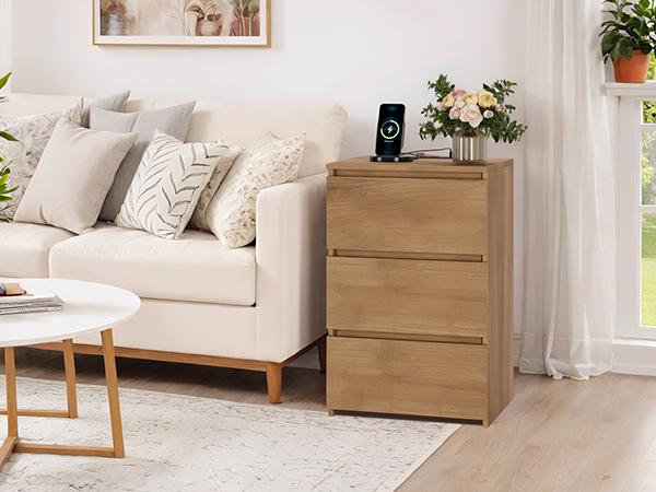 FOTOSOK Nightstand Set of 2, Nightstad with Charging Station, White Nightstand with 3 Drawers, Nightstand with USB Ports, Power Outlets, Silent Slides, Wooden End Side Table Bedside Table for Bedroom, 2 Pcs