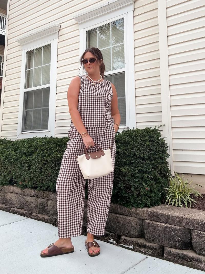 Summer New Women's 2 Piece Set Cotton Plaid Crop Top Loose Fit Pocket Nine-Tenths Pants, Beach Vacation Casual Daily Wear