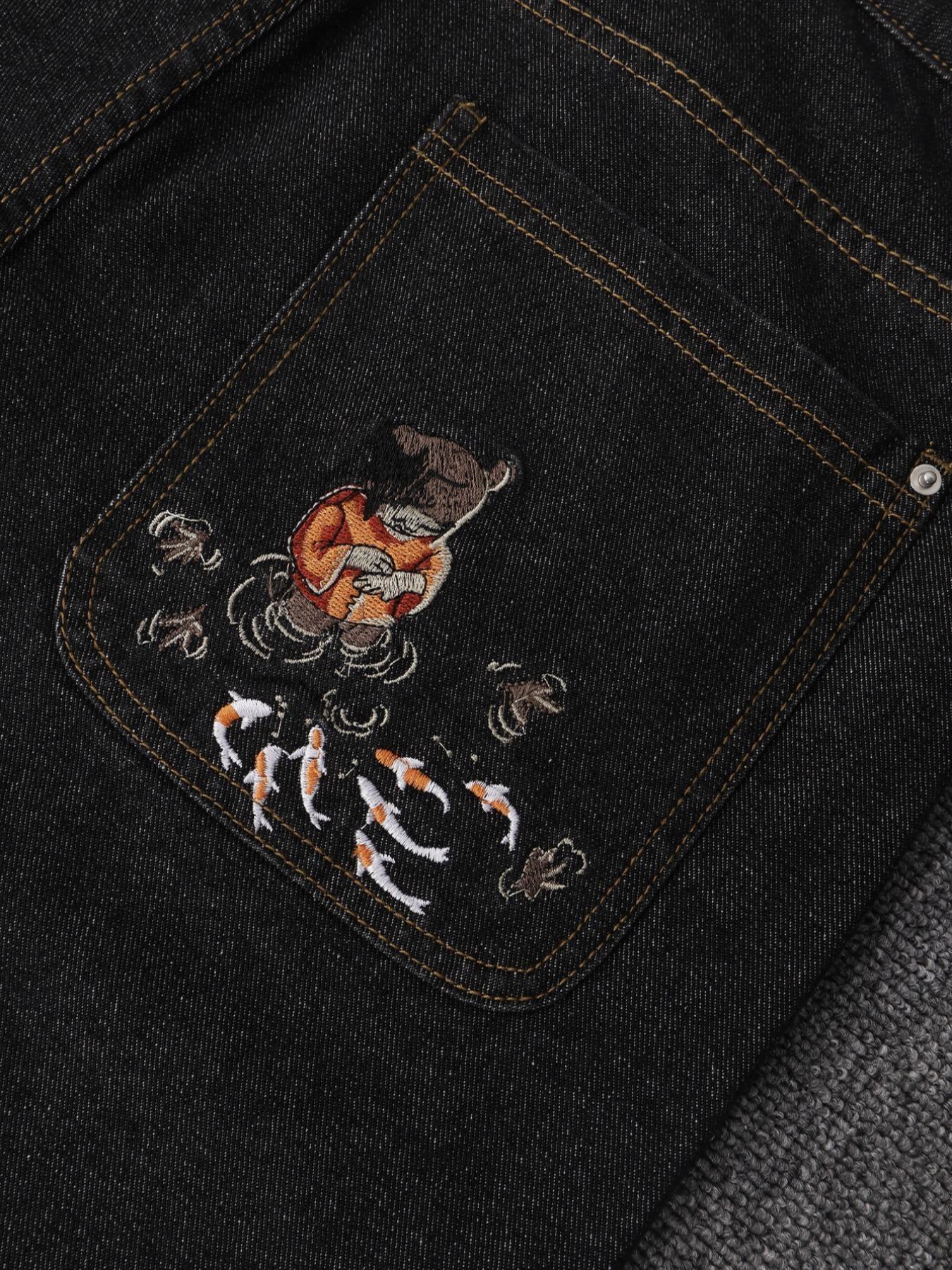 Street Style Streetwear Menswear Koi Embroidered Pocket Wide-Leg Denim Jeans Pants for Men, Casual Loose-Fitting Straight Jeans for All Seasons, Perfect Gift for Boyfriend, Husband, Friends