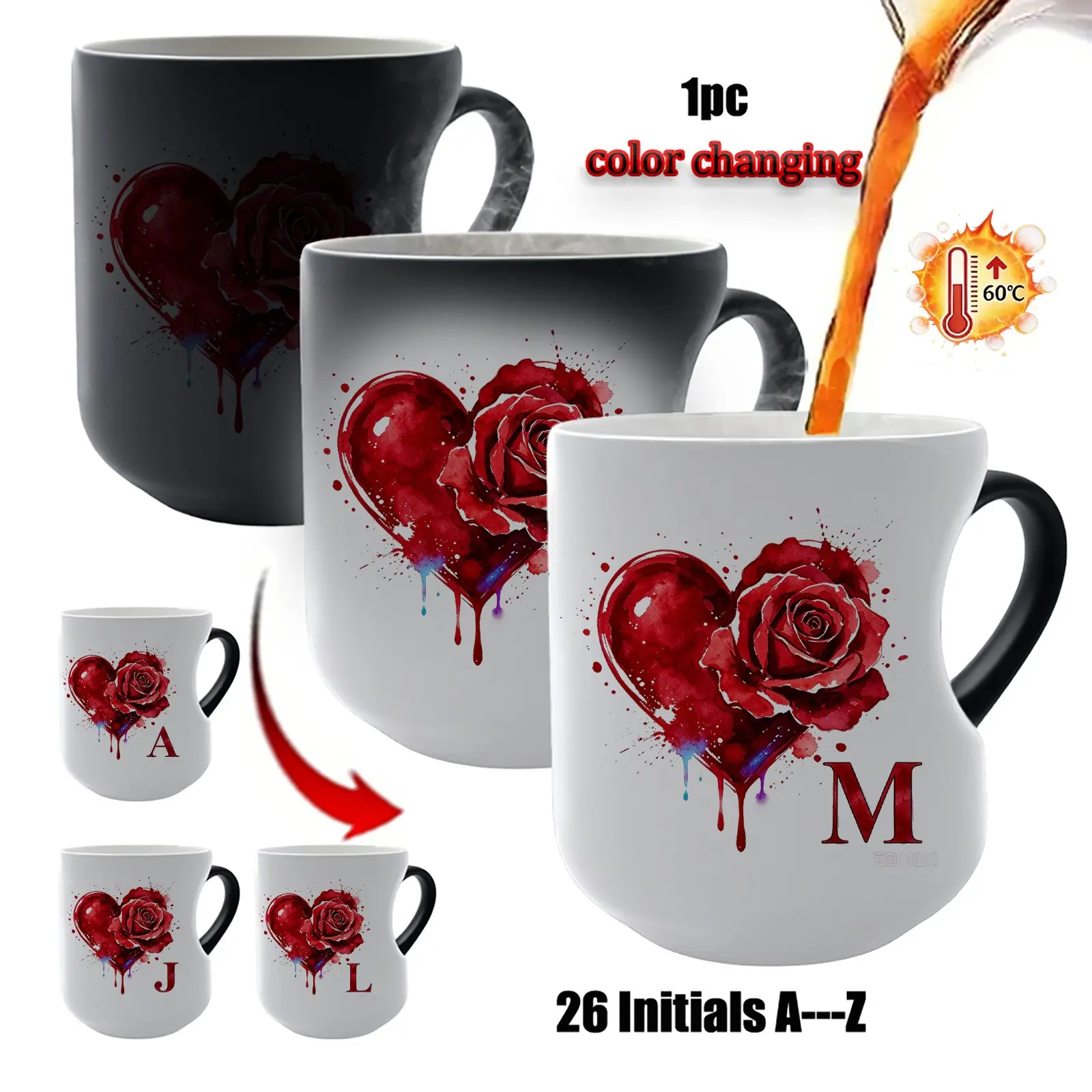 Personalized Initial Color Changing Mug, Heart Rose Magic Heat Sensitive Ceramic Coffee Cup, 26 Letters A-Z Custom Monogram Novelty Mug, Valentines Day Birthday Gift for Her, Reveal Design When Pour Hot Drink, Ceramic Mugs