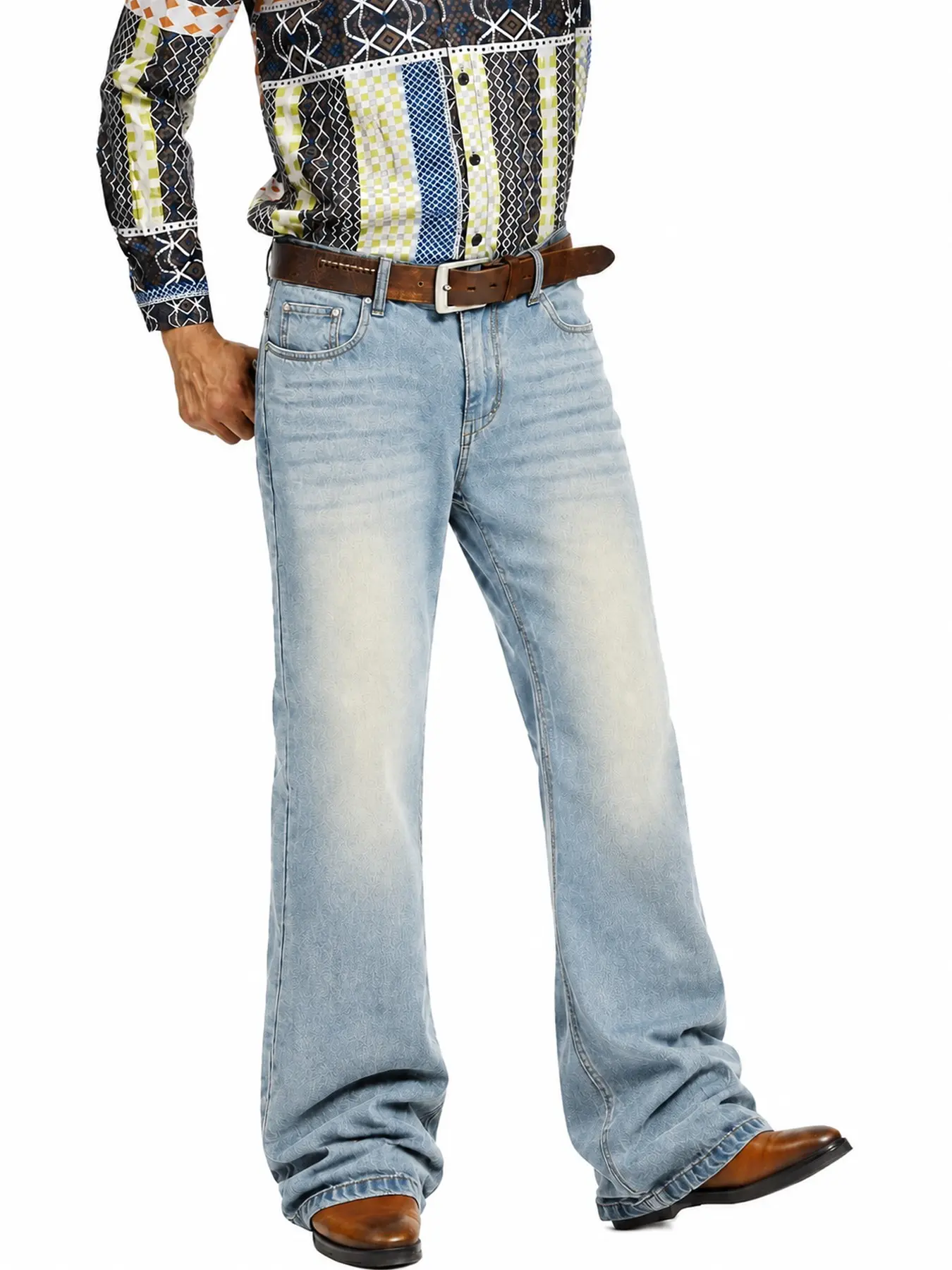 Men’s Black Washed Bootcut Jeans with Whisker Fading and Subtle Jacquard Pattern, Retro Flared Denim Pants for Casual Western Streetwear